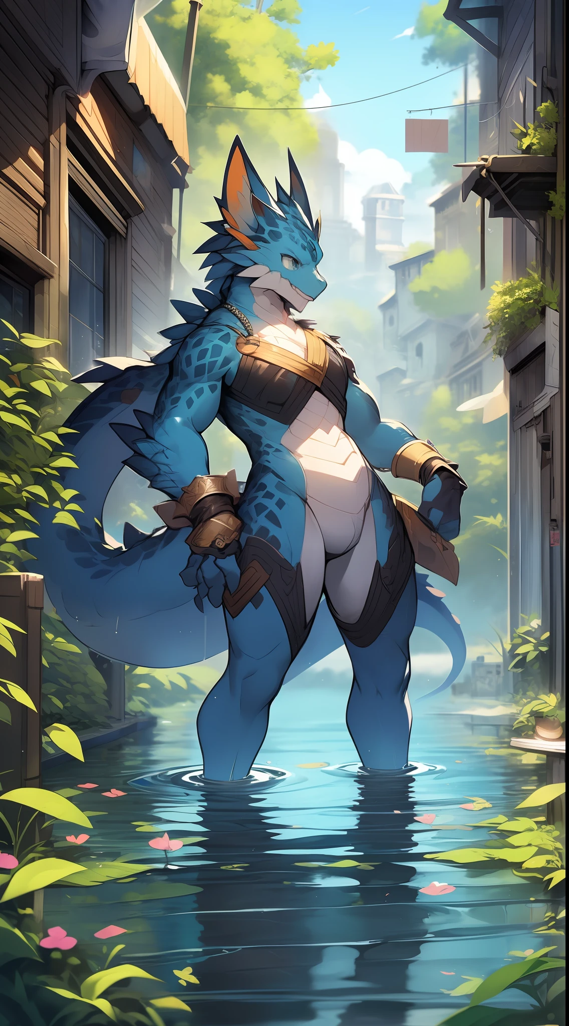 Dragons, Blue-orange hair, Black mid-tube socks, standing on your feet, full bodyesbian，nakeness，Stand where water meets sky