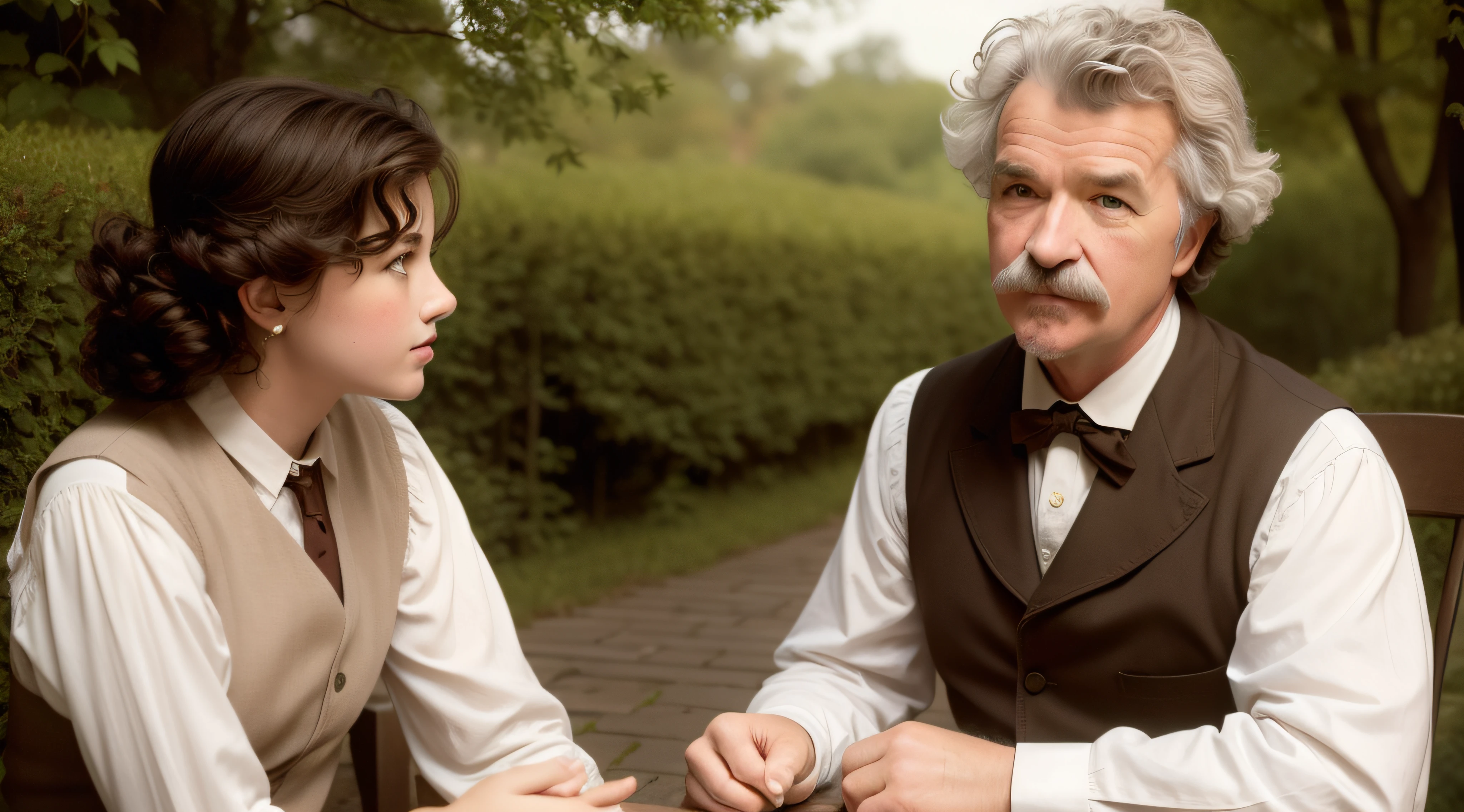 Mark Twain talking to a young woman with brown hair