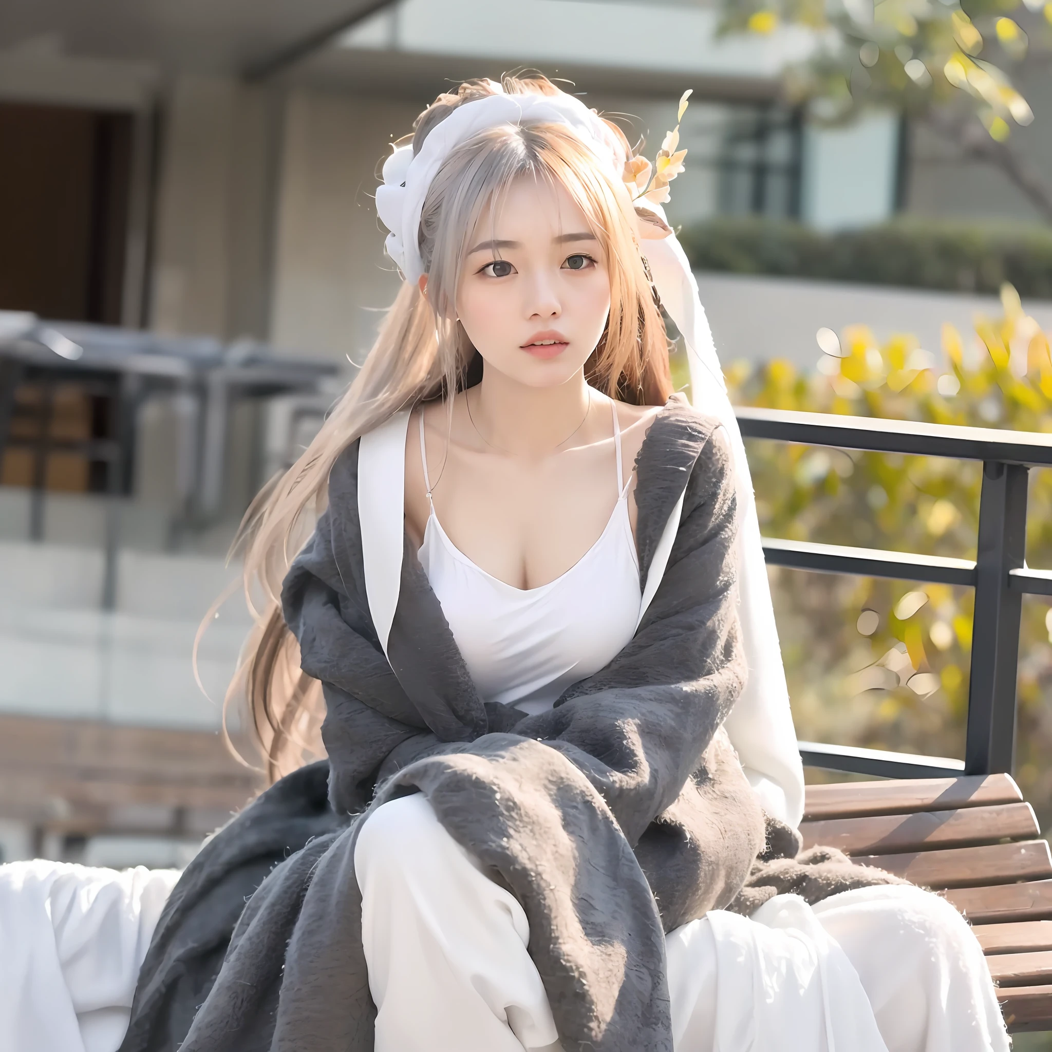 (An Asian woman sits on a bench,The head is covered with a blanket,flowing hair and long robes,with long white hair,high qulity,Ultra-detailed CG quality,Anime cosplay:1.1,Lace and details close-up,the soft light,Mysterious and elegant,You can feel the magic of manga。)