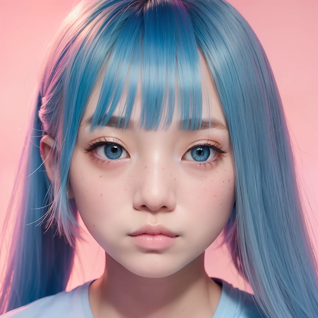 girl, asian, light blue hair, long hair, bangs, blue eyebrows, freckles, dreamy expression, looking away, pink background, pink light, vibrant colors
