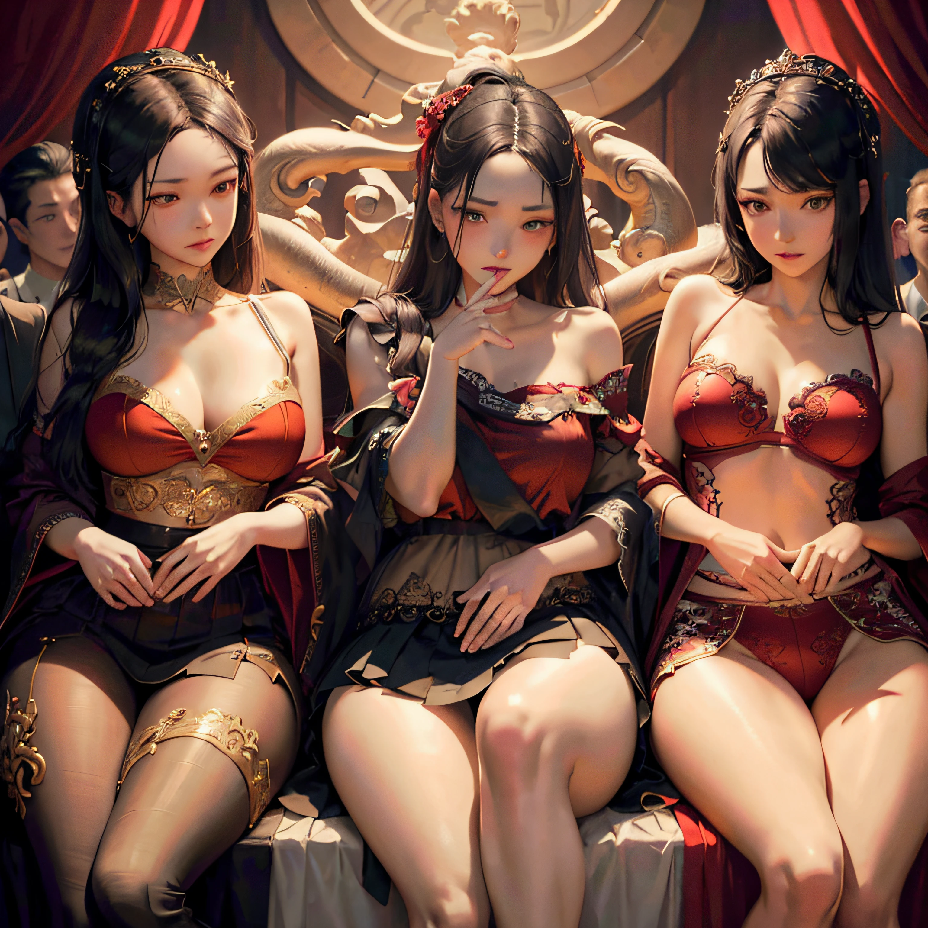 three asian women in lingersuits sitting on a bed, guweiz, trending on cgstation, artwork in the style of guweiz, the style of wlop, wlop and sakimichan, by Yang J, wlop art, digital fantasy art ), guweiz on artstation pixiv, wlop |, fantasy art style