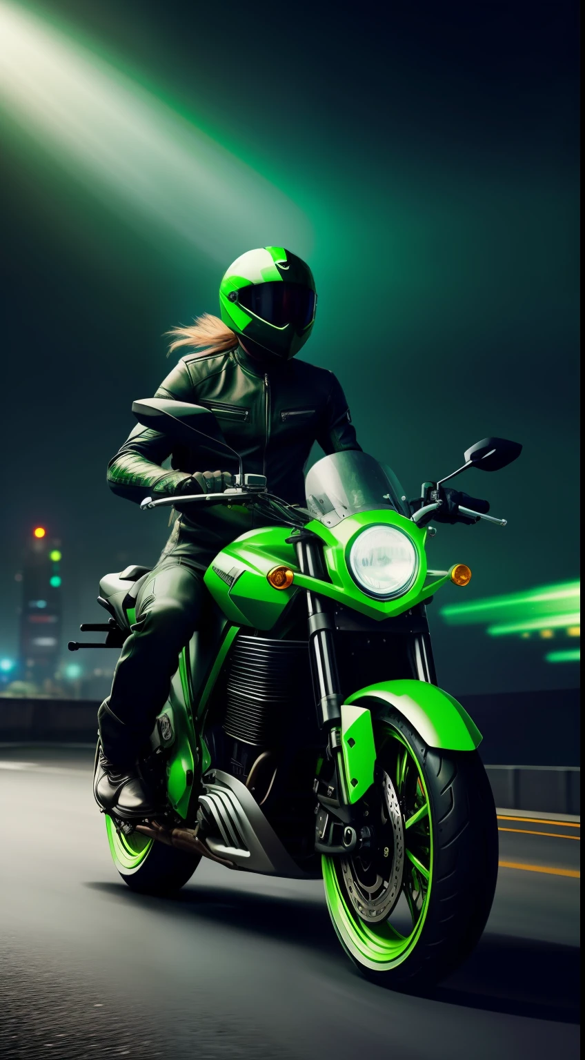 there is a man riding a green motorcycle on a road, an airbrush painting by Zahari Zograf, trending on deviantart, conceptual art, sitting on cyberpunk motorbike, badass composition, #green, motorcycles, picture of a female biker, made with photoshop, green skin!, riding a motorcycle, kawasaki, motorcycle, badass pose, green colored skin!!