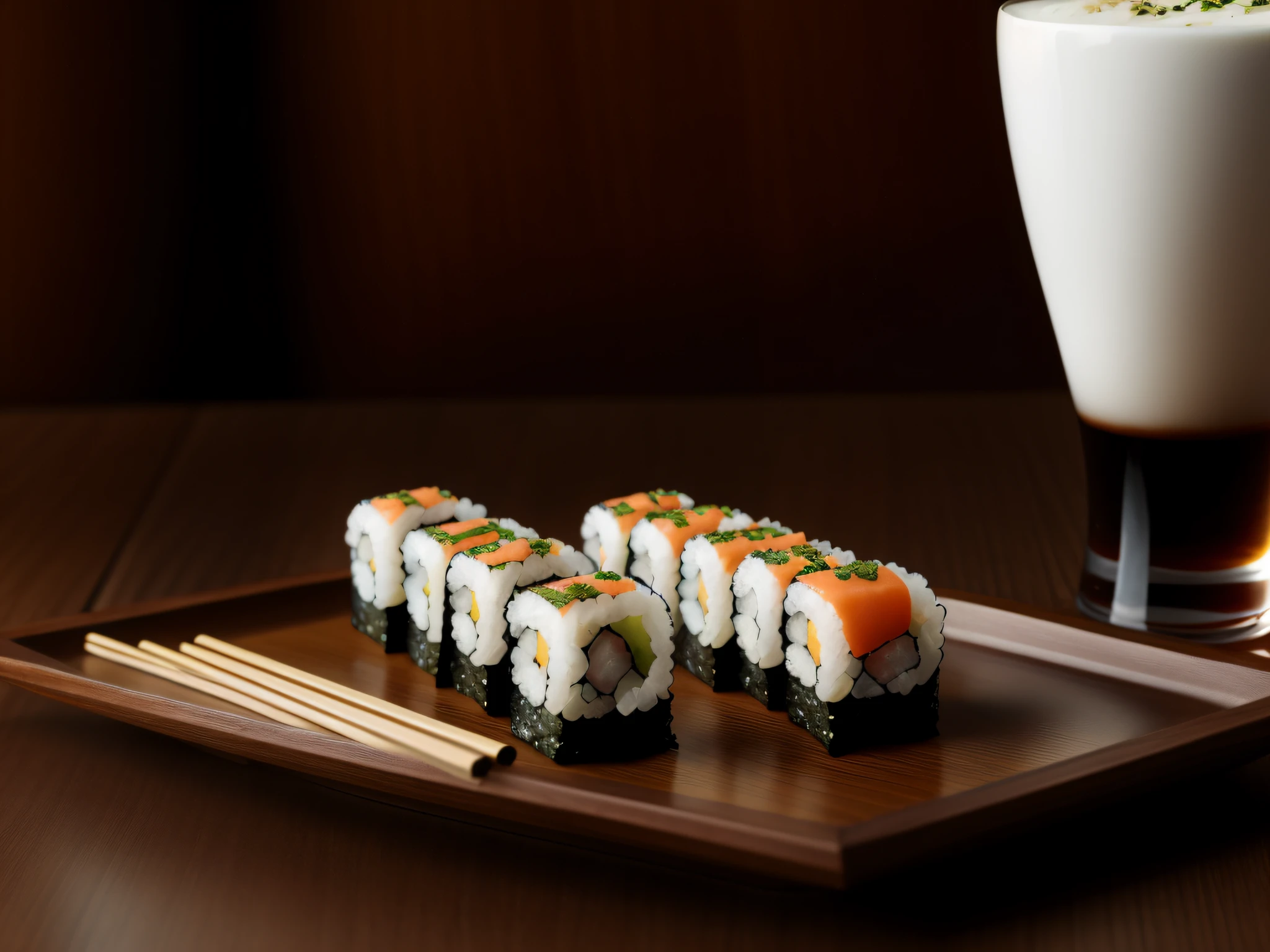 Sushi en primer plano. Alta calidad, ultra detalles, hyperrealista con copa de vino en bokehdo