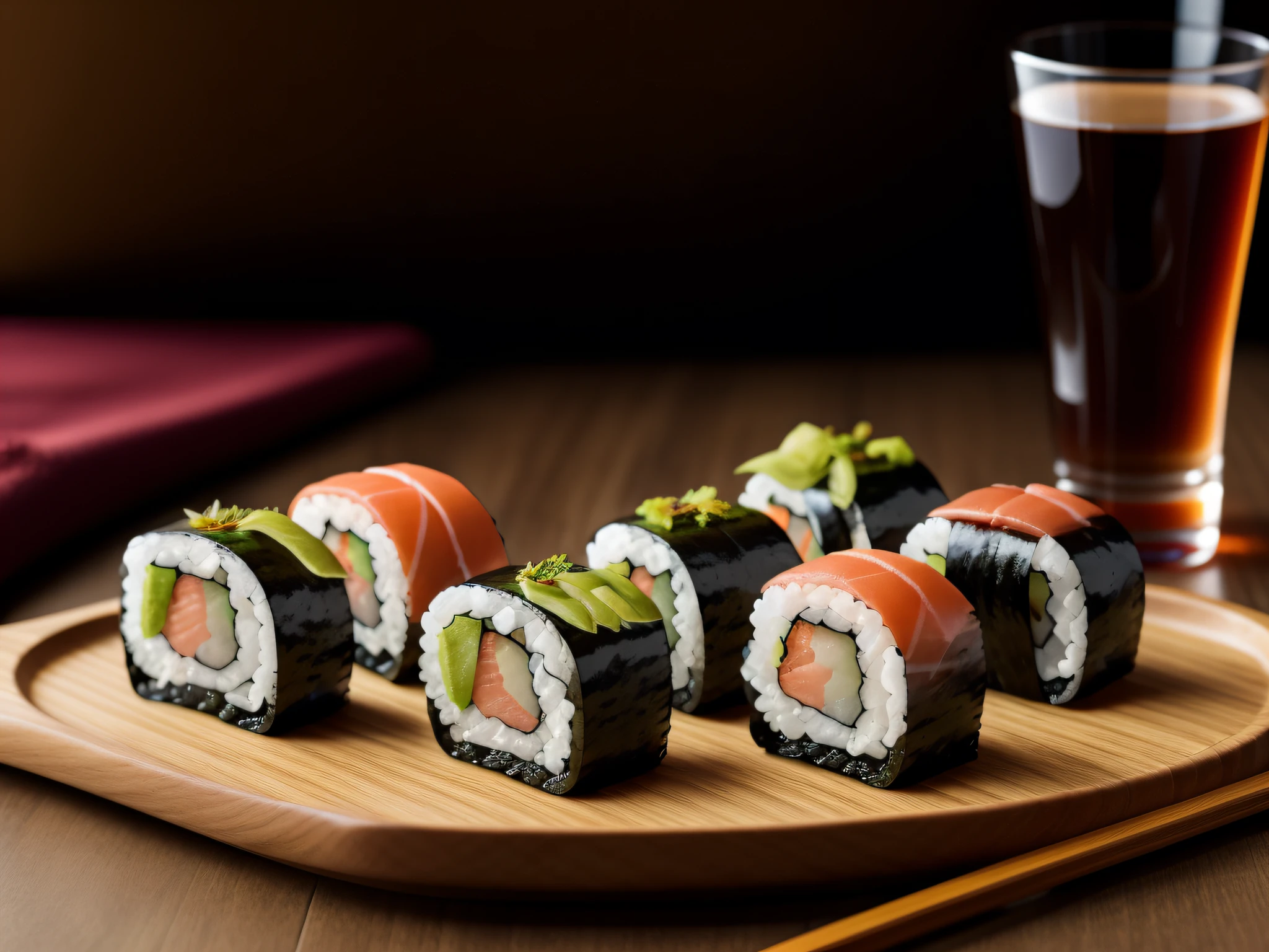 Sushi en primer plano. Alta calidad, ultra detalles, hyperrealista con copa de vino en bokehdo