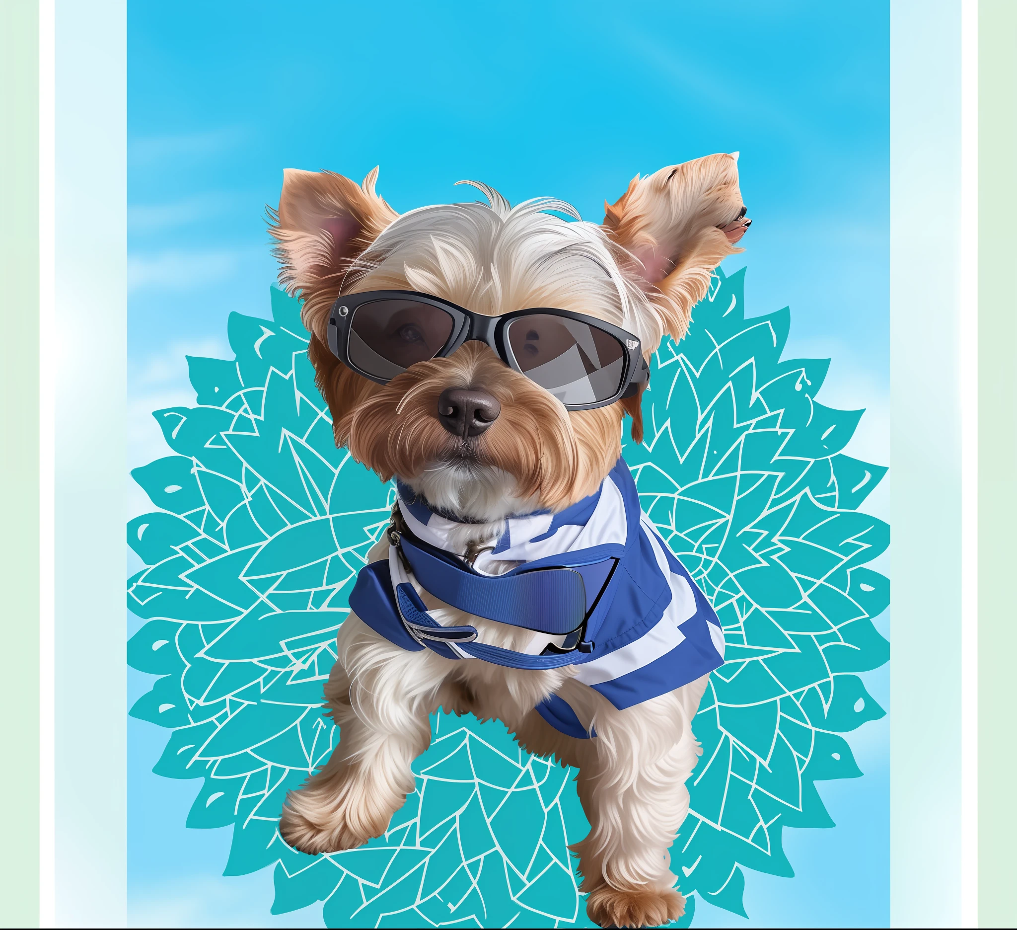 desenho, melhor qualidade, 3d, There is a dog wearing a shirt and sunglasses on a blue background, olhando heckin legal e elegante, wearing blue sunglasses, tempo ensolarado, with sunglasses, Yorkshire Terrier, dia ensolarado brilhante, in sunglasses, goggles around his neck, with sun glasses, wearing cool sunglasses, sunny skies, blue skies, em tempo ensolarado, sunny Summer day, tempo muito ensolarado