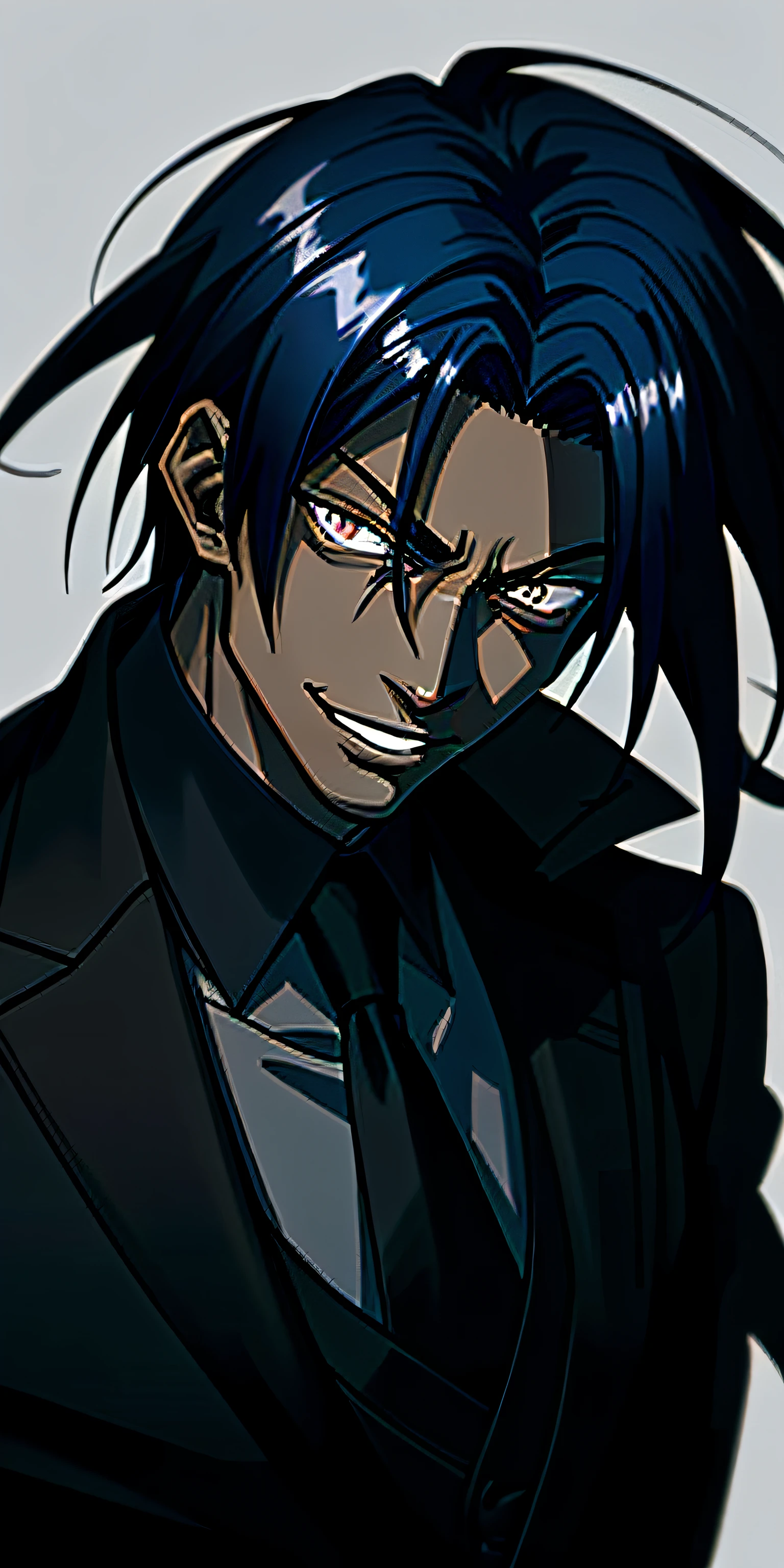 (masterpiece, amazing art), anime-style art with (dark blue hair, black skin, sleek black and white suit, edgy and confident vibe), stylish smirk smile with a hint of mocking expression, portrait, detailed face, good quality
