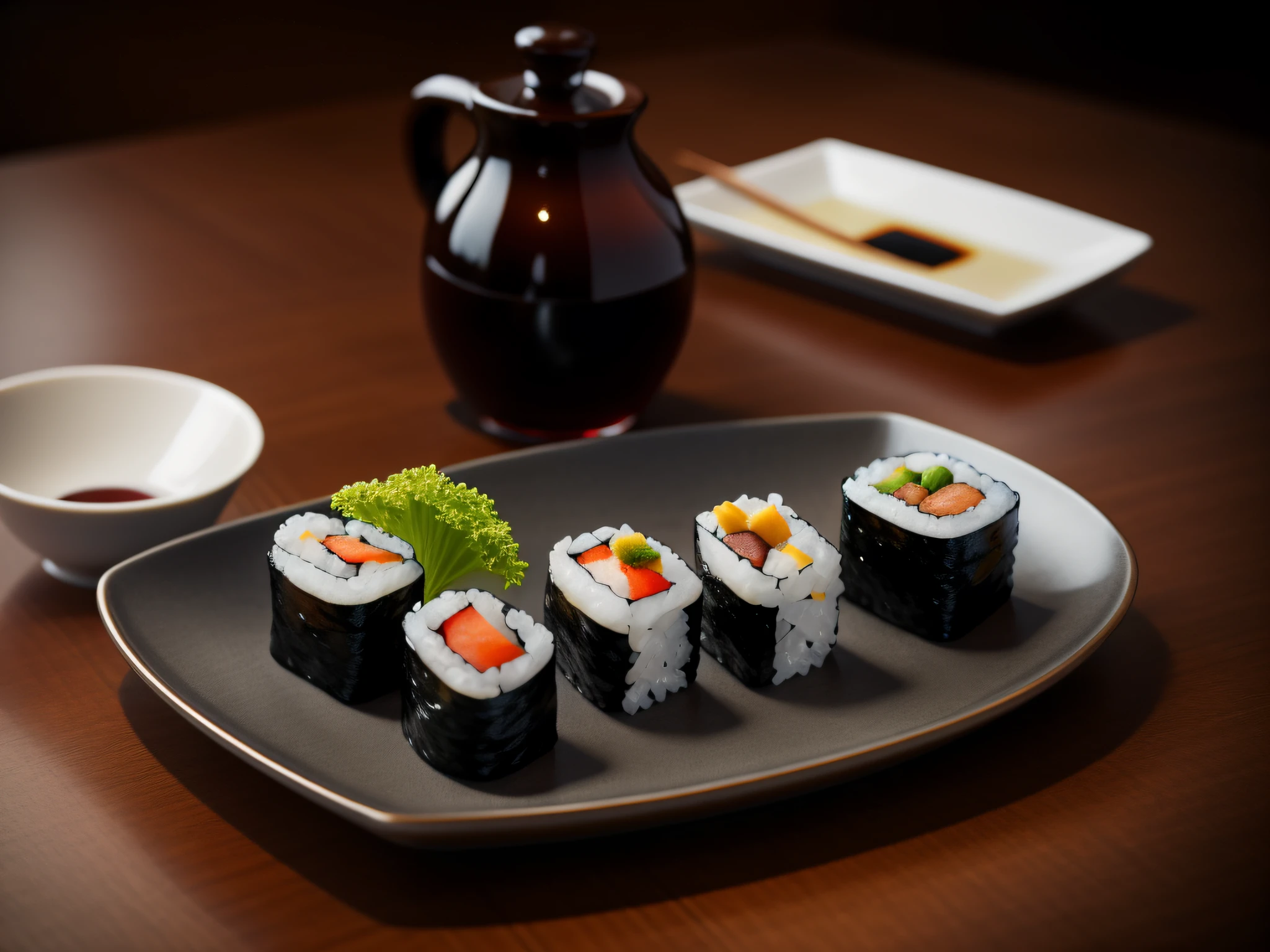 Sushi en primer plano. Alta calidad, ultra detalles, hyperrealista con copa de vino en bokehdo