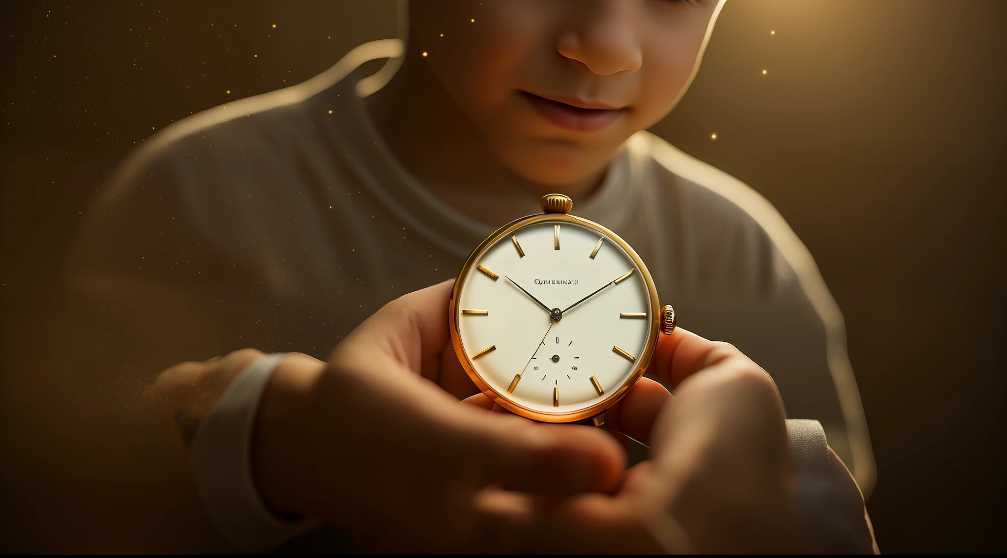 A boy holds an antique watch with one hand, enquanto em um celeiro. [Floresta circundante densa, powder suspended in light beams].