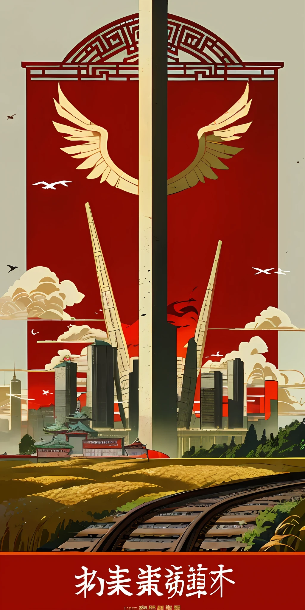 （tmasterpiece），（best qualtiy），（exquisite detailing）， promotional poster，Chinese style，wide wide shot，A group of Chinese，lendo livros，ssmile，Civilian，frock，A determined expression，Half-naked arms，Peace birds fly，Chinese Red Flag，With gear and wheat print（red colour）The flag， view over city，buliding，High-speed rail trains，The Communist Manifesto，Pass flyers