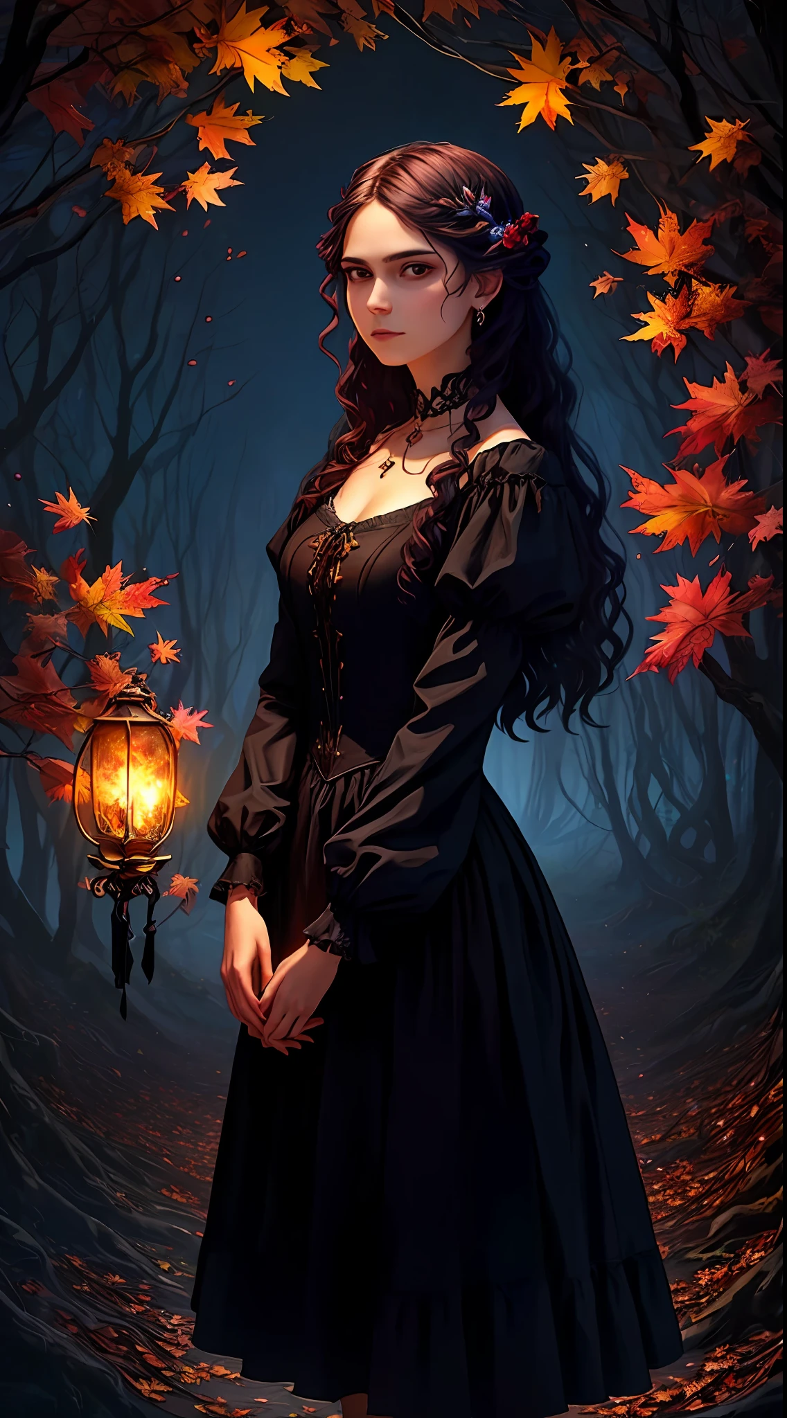 There is a woman in a black dress with a tree in the background, lovely dark autumn princess, estilo de arte sinistro e sombrio, inspirado em Emily Shanks, personagem bruxa escura, estilo de arte sinistro, persephone as goddess of death, no estilo da arte da fantasia sombria, arte de estilo fantasia escura, design de personagens : : lo gothic, inspirado em Samuel Hieronymus Grimm