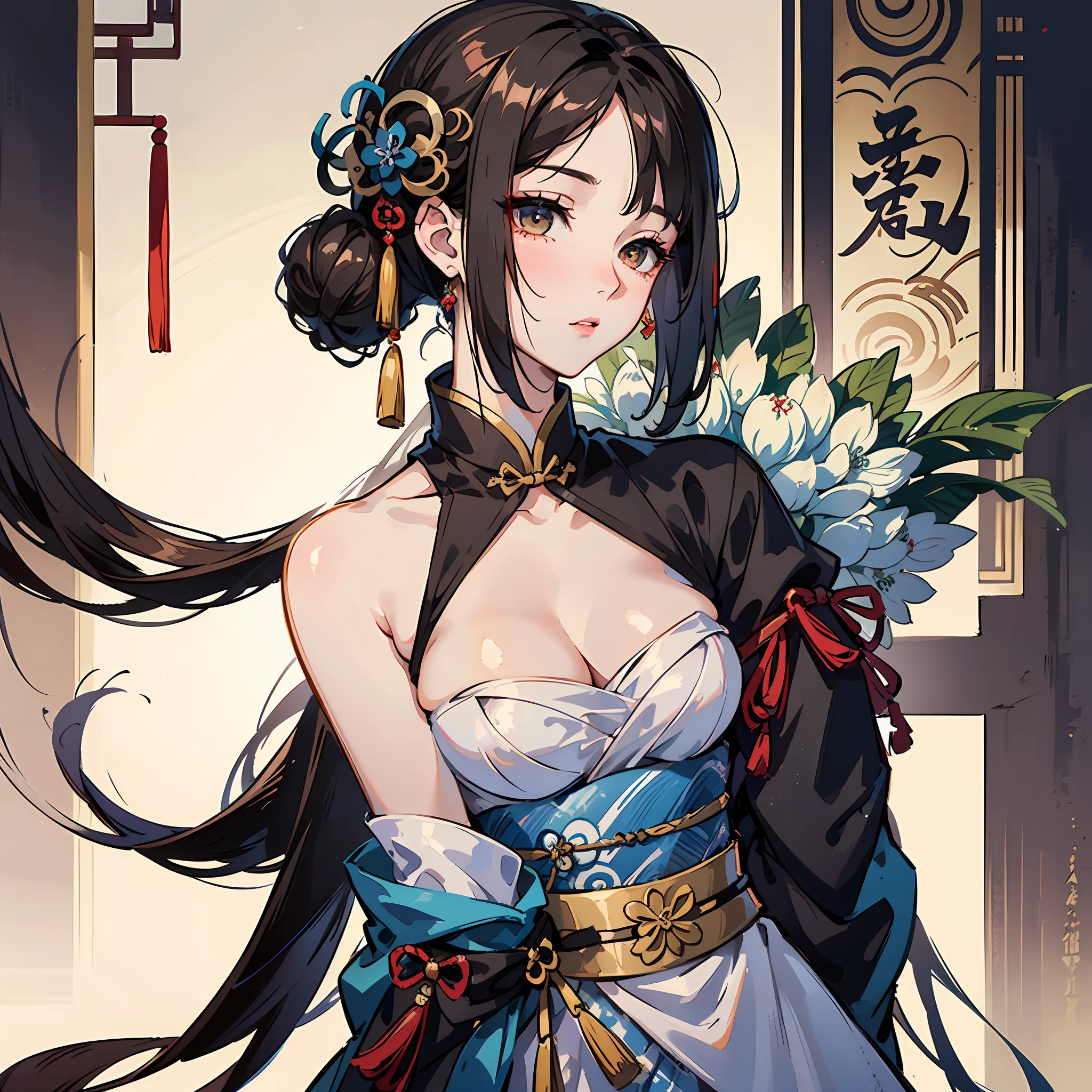 girl in Hanfu, onmyoji, inspired by Zhou Fang, based on Wang Meng, The Empress of China, inspired by Zhang Wo, inspired by Qiu Ying, based on Ju Lian, onmyoji detailed art, a beautiful fantasy empress --auto
