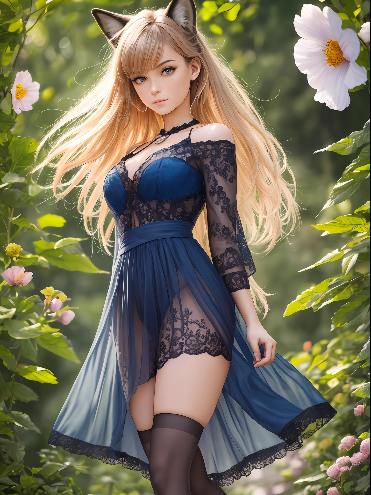 full body,best woman anatomy, detailed incredibly beautiful Russian girl stands in a three-quarter pose facing the camera against the background of a blooming yellow mallow in a short dark blue dress and high-heeled shoes in dark blue, detailed long blond hair on her legs is dressed in lace black  elasticated stockings, chest small second size fox nose shape, thin waist, HDR headlight, front soft light, sun rays, dslr hasselblad c100 lens 100mm f/0.9, super high detail, super even focus, Roberto Valenzuela style --auto --s2