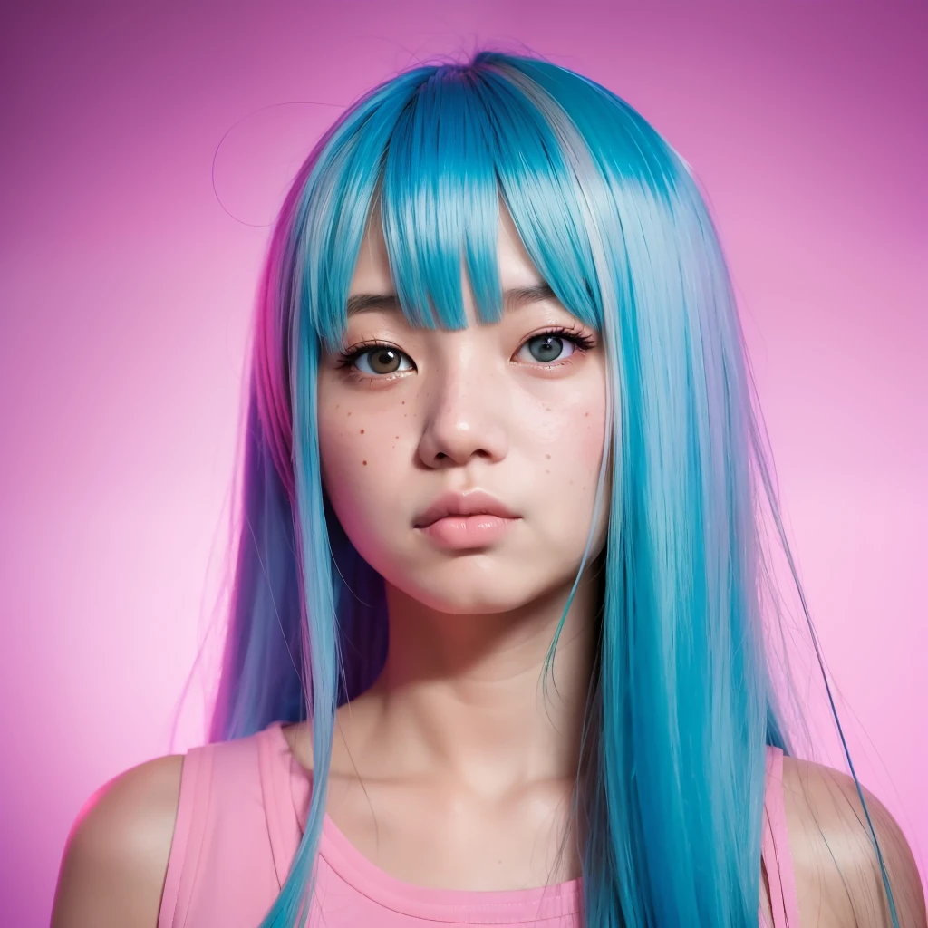 woman, asian, light blue hair, long hair, bangs, blue eyebrows, freckles, dreamy expression, looking away, pink background, pink light, vibrant colors