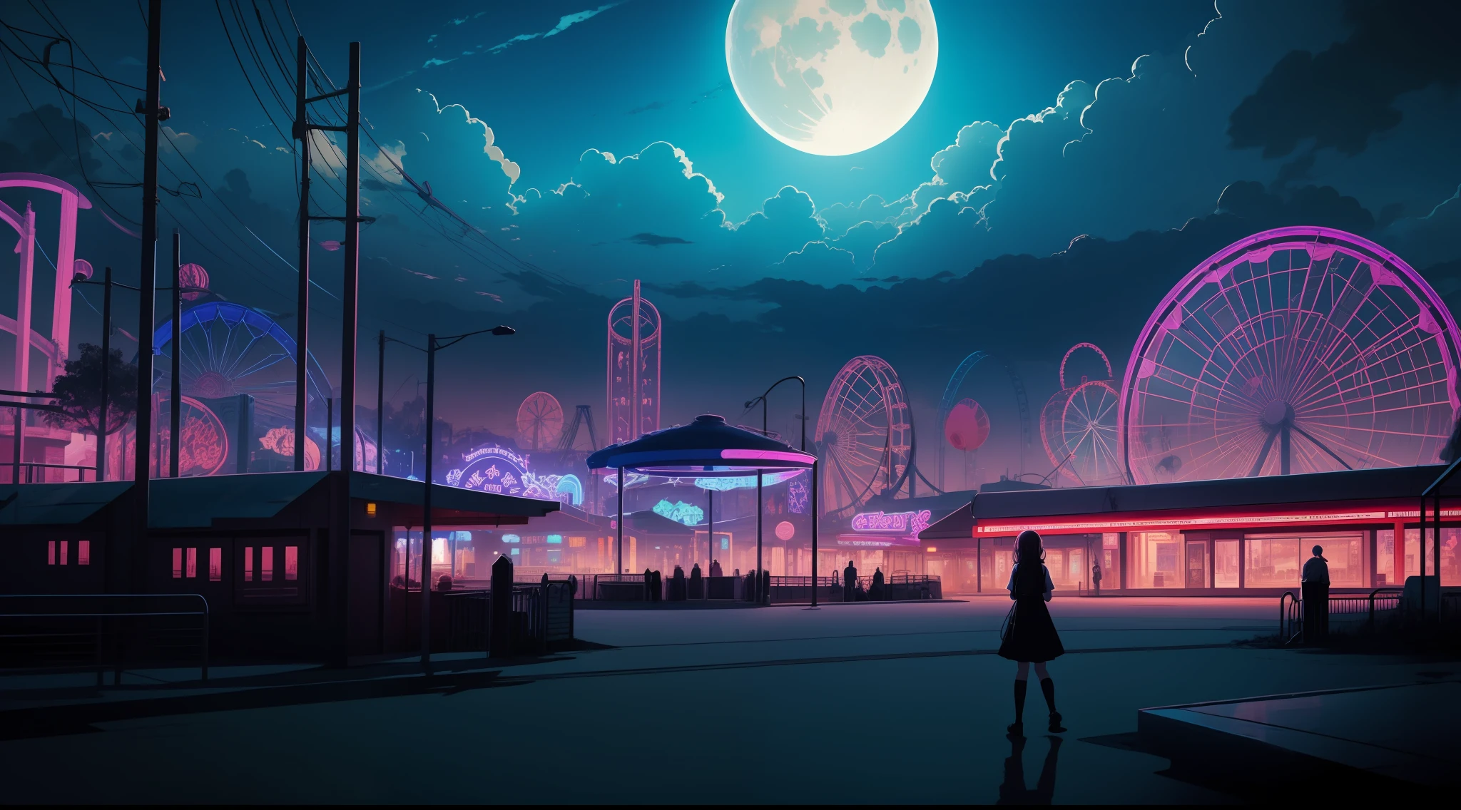 1girl, (Sketch:1.2), anime key visual, landscape of a Otherworldly Brutal Amusement park and Megalopolis, Clear skies, Horror, F/8, Velvia