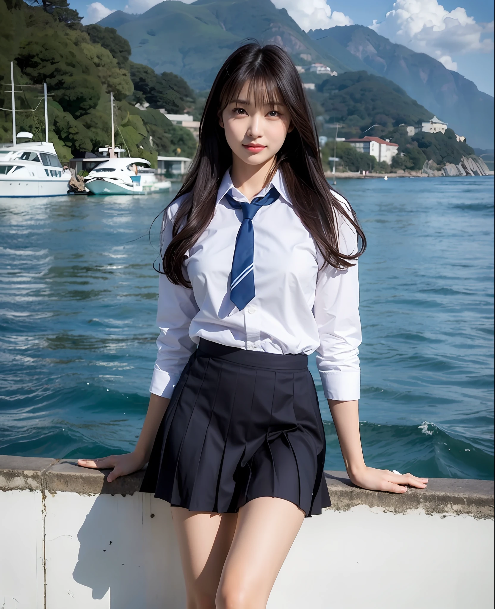 There is a woman posing on the wall by the water, japanese girl school uniform, loose coat collar sailor uniform, Japan school uniform, wearing japanese school uniform, Seifuku, Wearing school uniform, bae suzy, JK Uniform, Korean Girl, girl wearing school uniform, Wearing a school uniform, magical school student uniform, Sailor Uniform, jaeyeon nam, School Girl