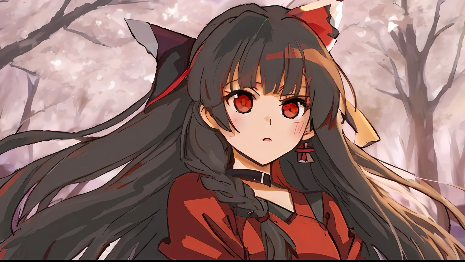anime girl with long hair and red eyes in a forest, rin tohsaka, anime moe artstyle, reimu hakurei, gapmoe yandere, artistic render of reimu hakurei, anime waifu, yandere, anime artstyle, ig studios anime style, anime stylized, anime style portrait, anime art style, ayaka genshin impact