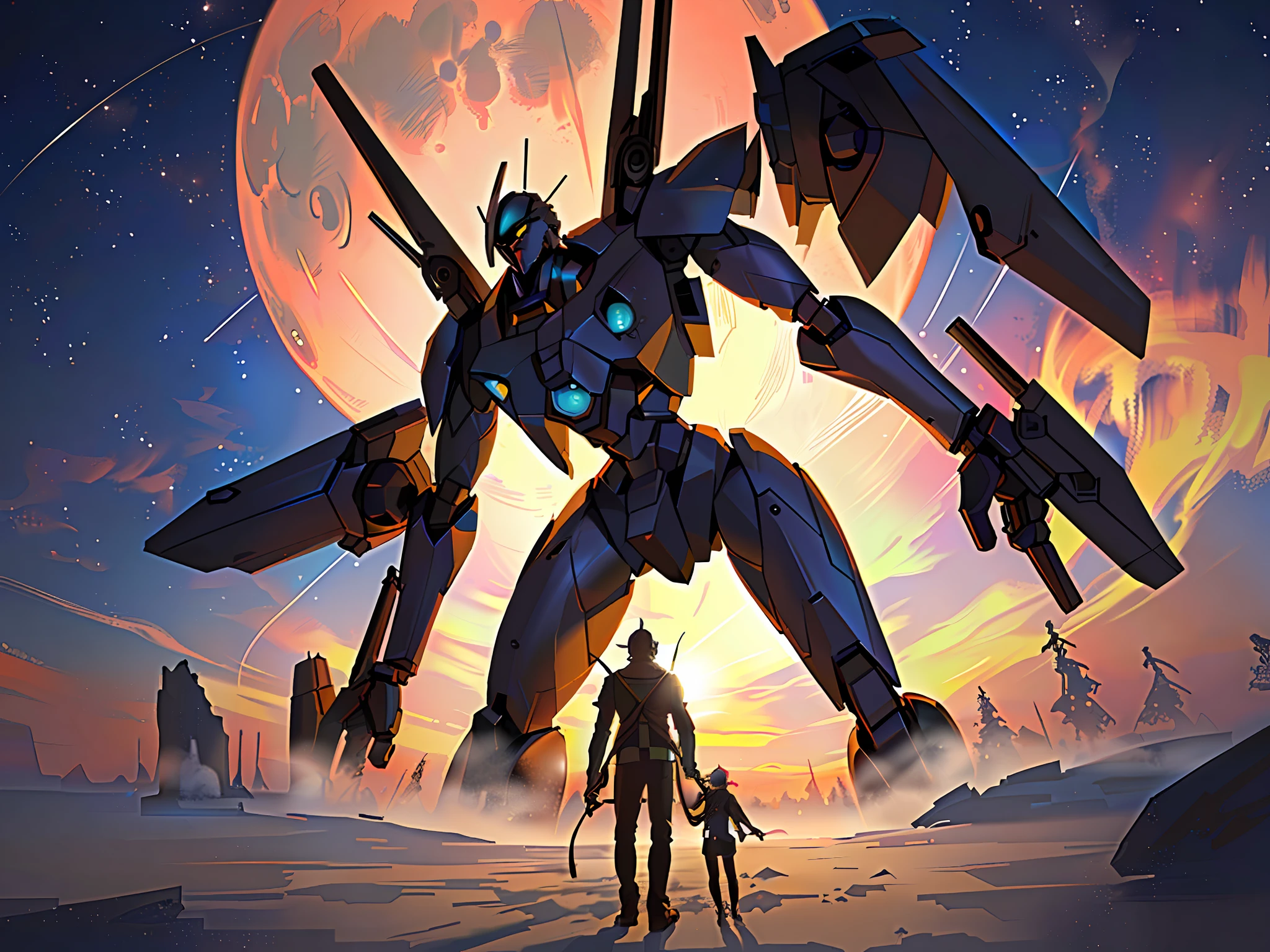 The giant mech stands in the starry sky