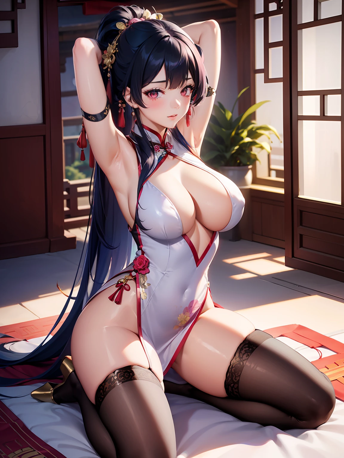 Large breasts, Blue hair, upper legs, white thighhighs, Pink clothes, Long legs, No bra, High heel, Pink eyes, Heart eyes, heart shaped breasts, Bare_hindquarters, bangs, areola of breast, Elbow gloves, Chinese dress, Fat ass, hair tying, wears_navel, Looking_at_peeping at the viewer, Arms_Behind_Head, Blush, Sleeveless_dress, Long hair, cosplay,Fantastic，The back of the hand is behind the back，Hands up behind your head，Broad lighting，Glossy Clothes,Chinese-style architecture，China-style，gazebo，Lace，laughingly，Quaint，Tight cheongsam，Flowing cheongsam，Chinese style cheongsam，on cheongsam，Gold ornaments，Large breasts, Blue hair, upper legs, white thighhighs, Pink clothes, Long legs, No bra, High heel, Pink eyes, Heart eyes, heart shaped breasts, Bare_hindquarters, bangs, areola of breast, Elbow gloves,Silk gloves， Chinese dress, Fat ass, hair tying, wears_navel, Looking_at_peeping at the viewer, Arms_Behind_Head, Blush, Latex cheongsam，Sleeveless_dress, Tights, Long hair, cosplay,Fantastic，The back of the hand is behind the back，Hands up behind your head，Broad lighting，Glossy Clothes,Chinese-style architecture，China-style，gazebo，Lace，laughingly，Quaint，Tight cheongsam，Flowing cheongsam，Chinese style cheongsam，on cheongsam，Gold ornaments，Over the sleeves,(on cheongsam:1.0),(Put your hands behind your head:1.5),Facing the viewer,autumnal,Beds,high-heels,(stocklings:1.3),Lace wreath on the legs,bangle,eardrop,choker necklace,jewelery,Ribbons,lace-trim,Heavy makeup,long whitr hair,High ponytail,hair straight,Princess cut,Be red in the face,Seductive smiles，Qi bangs，latex，Black gloves，White stockings，perfect bodies，Green hair，fox ear，(Kneeling:1.3)，Qi bangs，erect_nipples_under_clothes，erect_nipples，arched_back`,