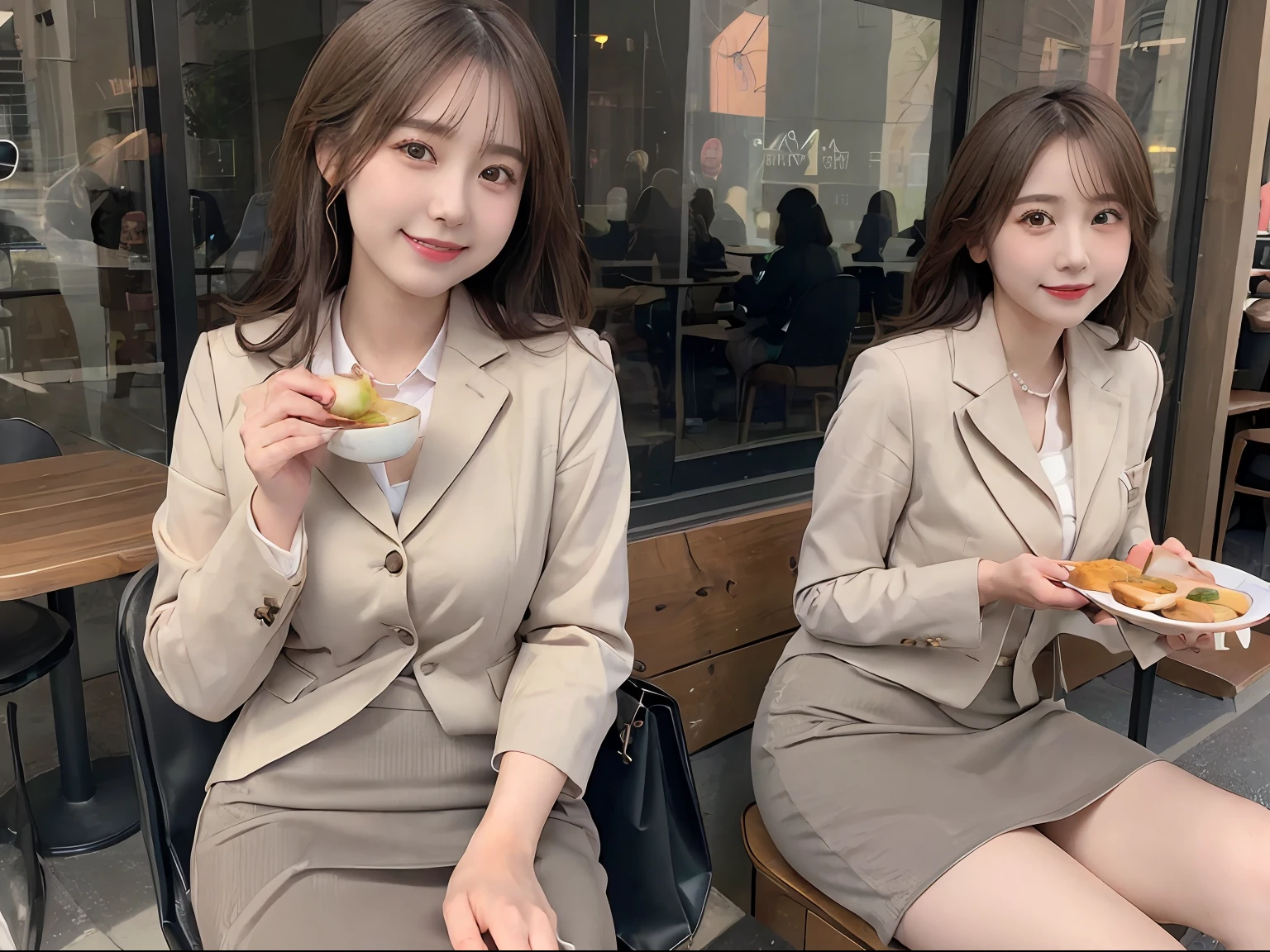 best quality, masterpiece, ultra high res, (photorealistic:1.4), RAW photo,cinematic lighting, 1 japanese girl,solo,20 years old,big breasts,(detailed beautiful face:1.5),(real skin:1.5),slender,thin legs,(big eyes:1.5),(smiling:1.3),(bob:1.5),(eating lunch:1.5),BREAK,(Business Suit,pencil skirt:1.5),(cafe:1.5),