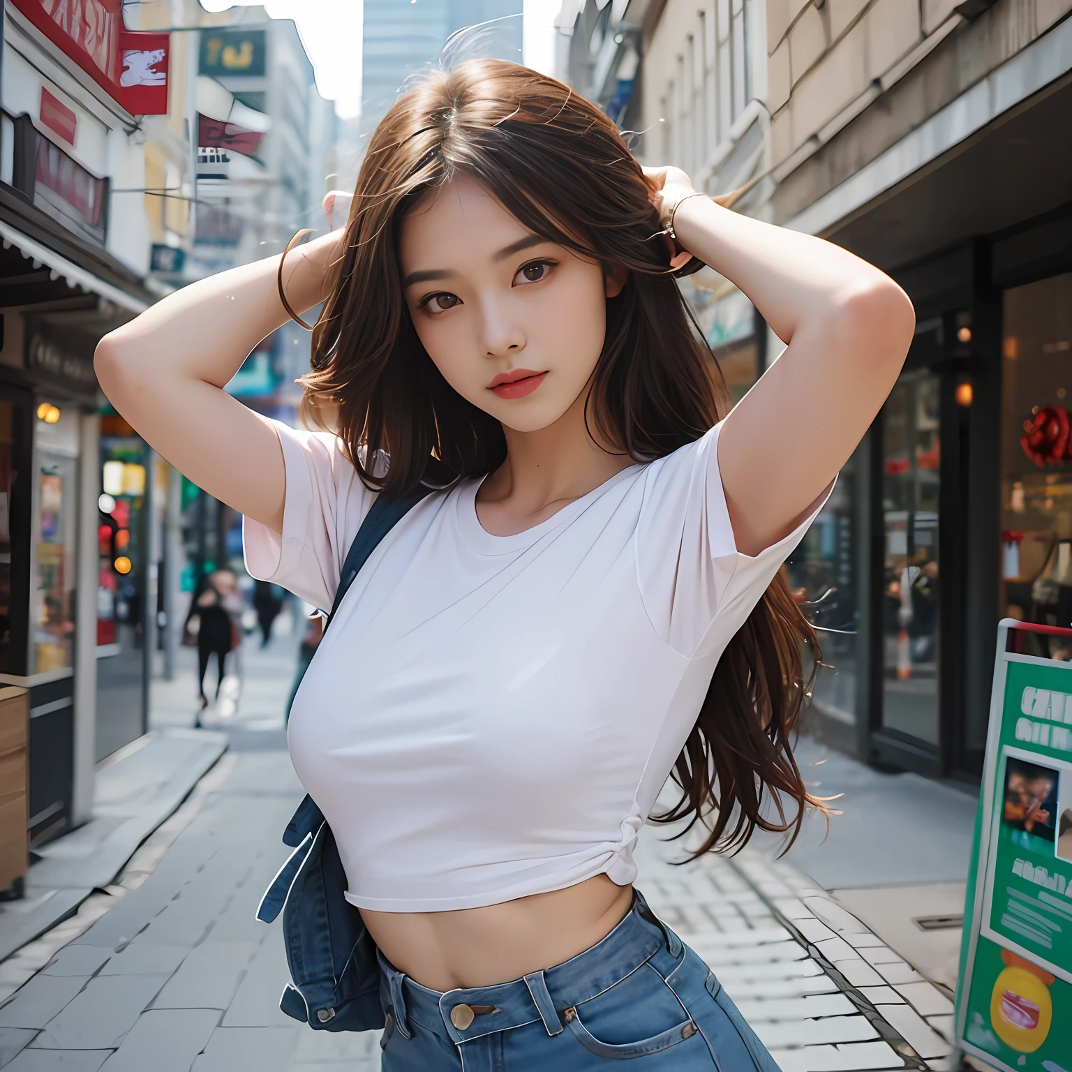 (Ultra Realistic), (High Resolution), (8K), (Very Detailed), (Beautiful and Detailed Eyes), (Best Quality), (Ultra Detailed), (Masterpiece), (Wallpaper), (Detailed Face), Solo, Woman, Lookout, Detailed, Face, Dark, Deep Shadow, Low Key, Smile, Bust, Thin Waist, Ultra Fine Makeup, seductive woman, beautiful attractive woman, highly detailed artgerm, Photo, Realistic, Live Action - (Realistic lighting, Top Quality, 8K, Masterpiece: 1.3)), Clear Focus: 1.2, 1 Girl, Perfect Beauty: 1.4, Slim Abs: 1.1, ((Long Dark Brown Hair, Big: 1.2)), (Outdoor, Night: 1.1), City Street, Super Slender Face, Narrow Eyes, Double eyelids, hands on the head, facing the camera, best quality, masterpiece, ultra high resolution, (photorealistic: 1.0), raw photo, 1 girl, darkness, deep masterpiece, best quality, high resolution, solo, small tits, leave the house, latina, puberty, jeans, jumping window, thighs are exaggerated, heavy breathing, white short sleeve tee, portrait of a