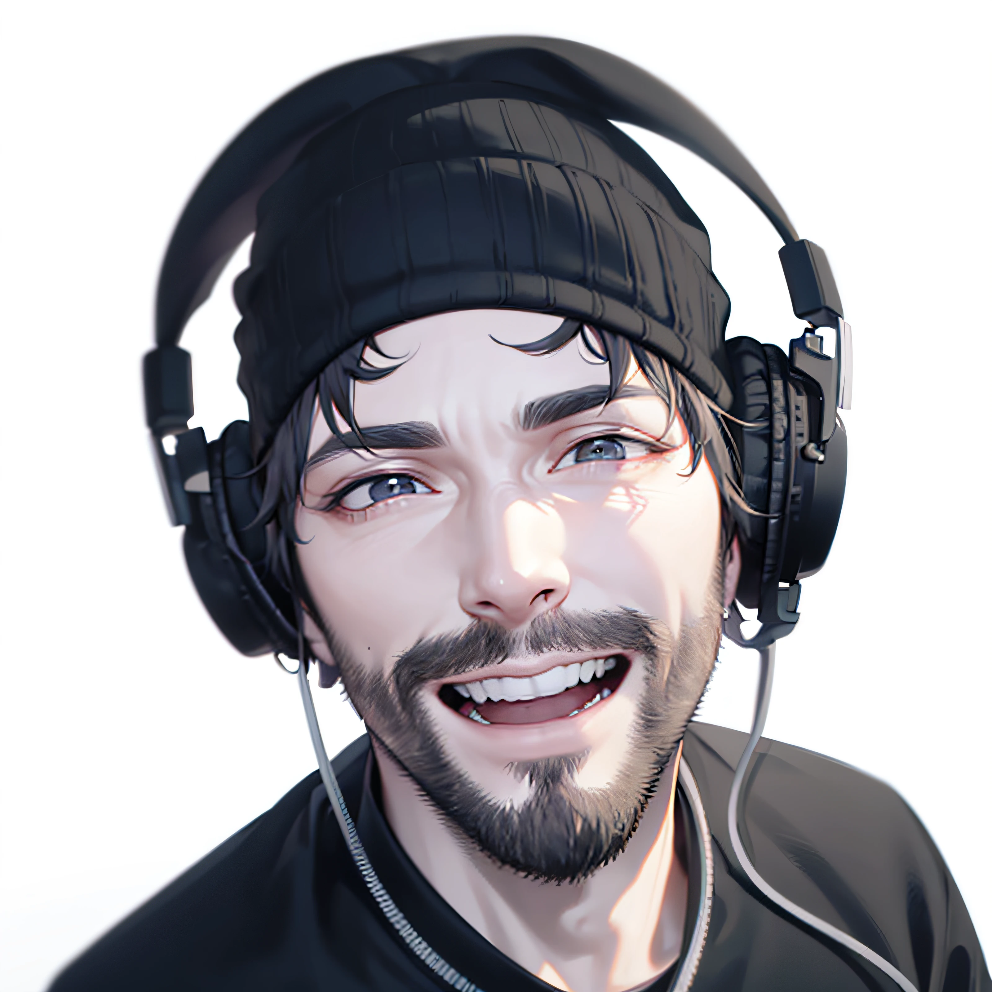 28 years old man, black beanie, wired black headphones, black shirt, normal facial hair, weird half smiling, right eye half closed, extremely detailed, 8k