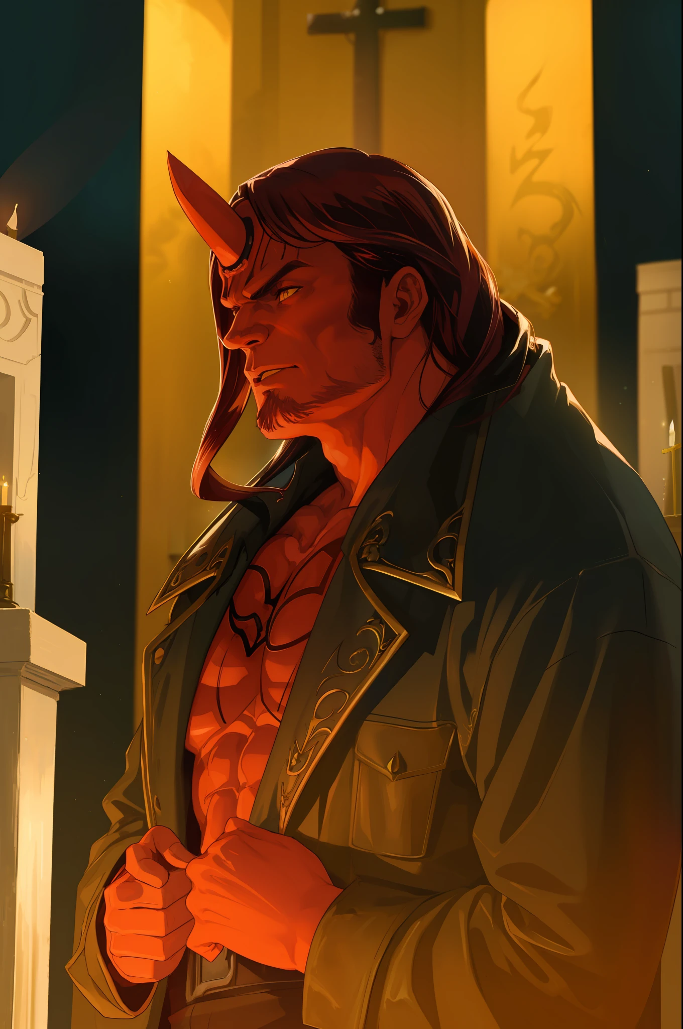 1male, 独奏, photografic, close up, portrait of muscular hellboy man with no horn wears coat jacket in middle of altar with group satanic devil worshipper at night, swirl of blue ghosts, low key light, rim light, yellow magic energy, blue aura, dramatics, Realistic, ornate, low lighting,