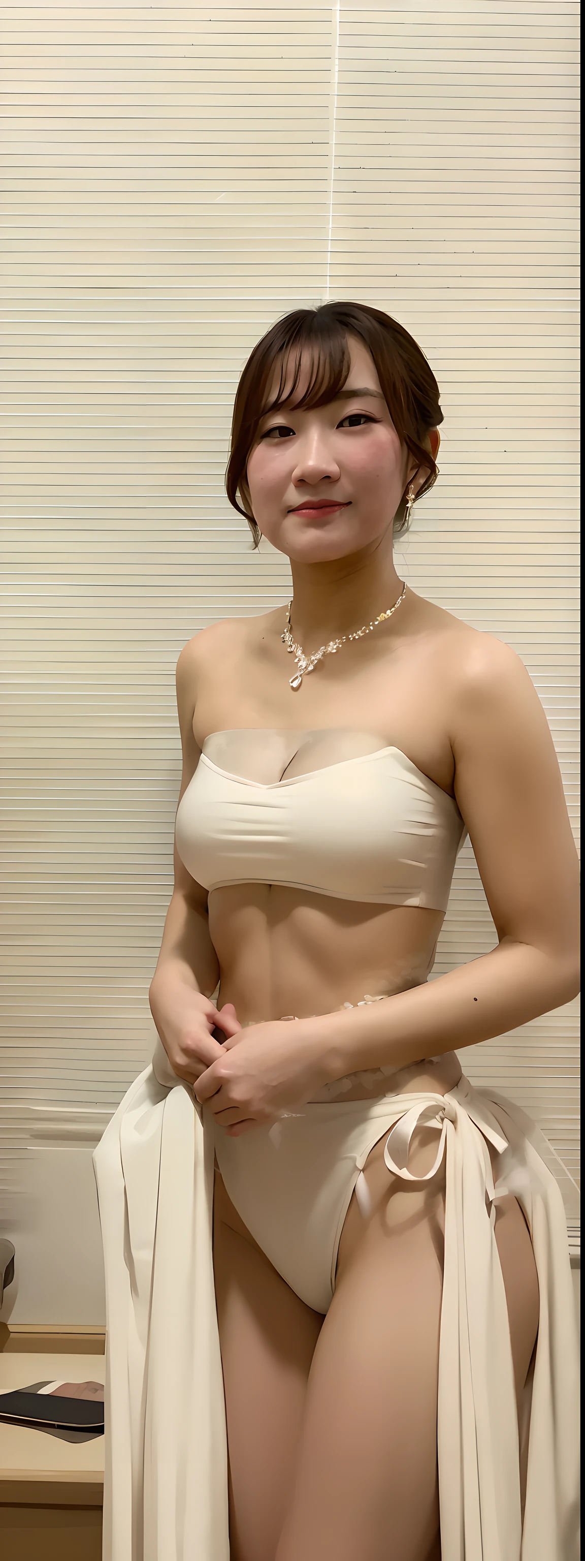 ((Best quality, 8k, Masterpiece :1.3)), 1girl, side shot :1.2, beautiful burmese woman with slender abs: 1.3, (casual hairstyle, big breasts: 1.2), bikini, indoor, super detailed face, detailed eyes, double eyelids, whole body