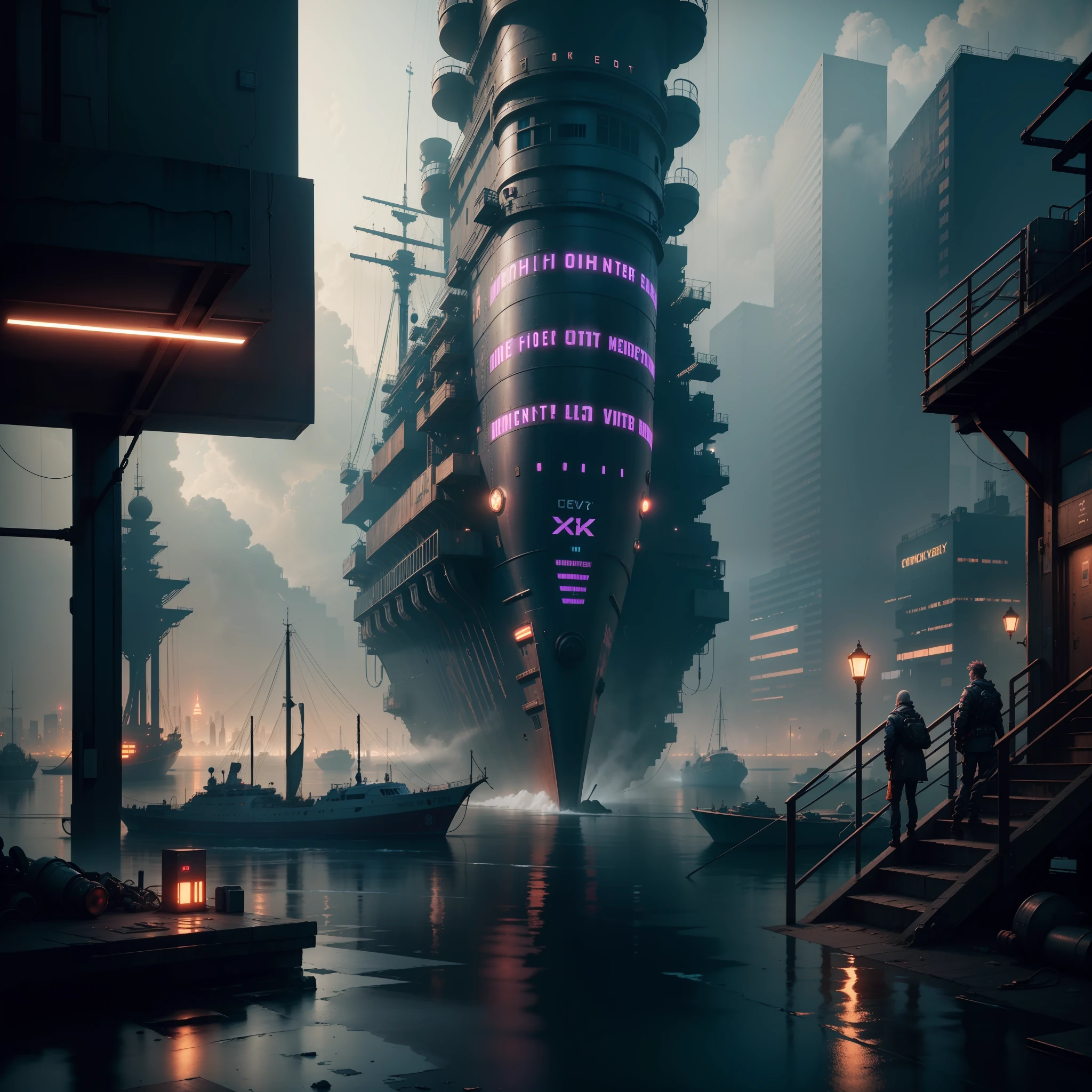 extremely detailed CG unity 8k wallpaper, masterpiece, best quality, long shot, cyberpunk, port, harbor ghostly setting, mist, volumetric light, neon lights, animatronic figures, ruined structures, grunge textures, harbor, port