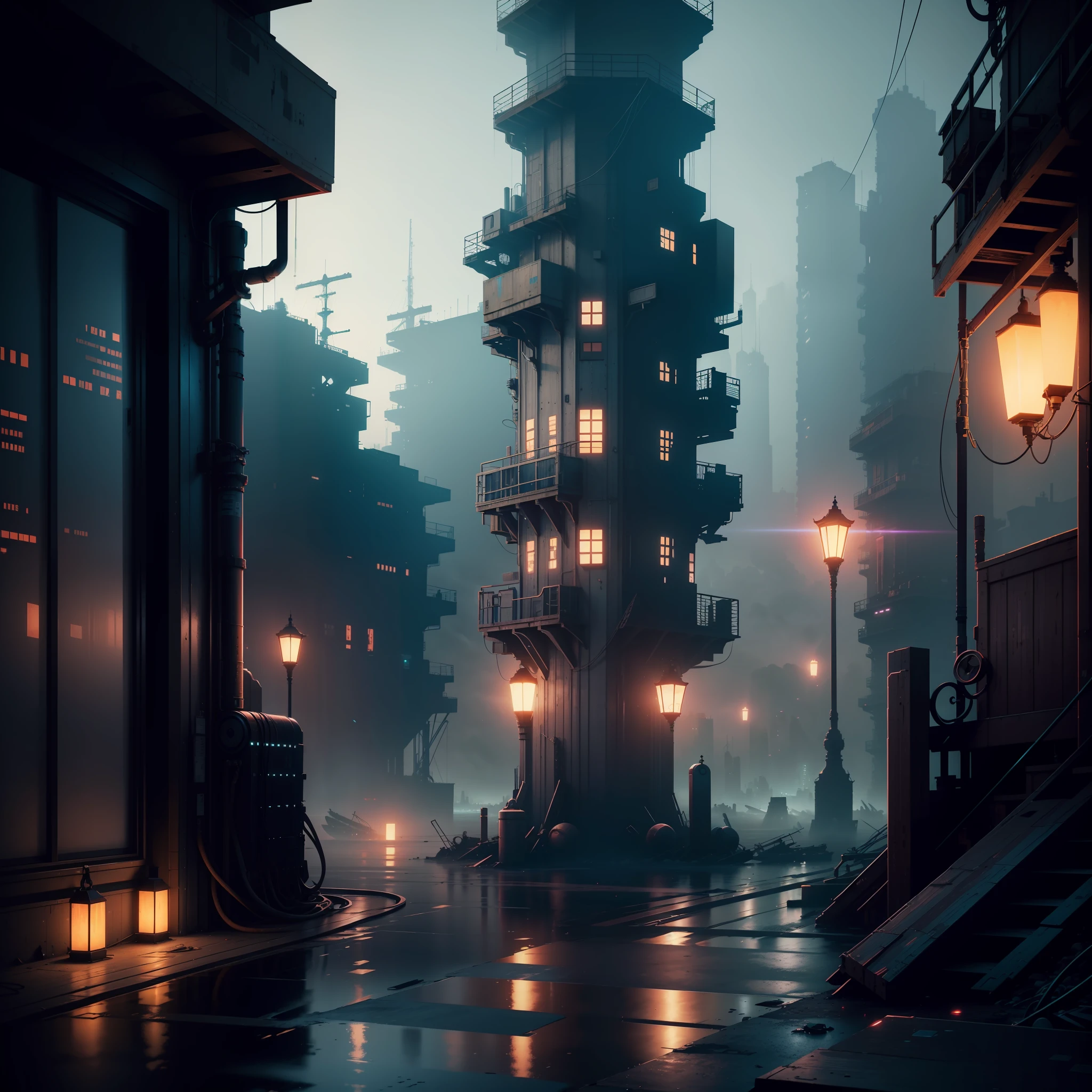 extremely detailed CG unity 8k wallpaper, masterpiece, best quality, long shot, cyberpunk, port, harbor ghostly setting, mist, volumetric light, neon lights, animatronic figures, ruined structures, grunge textures, harbor, port