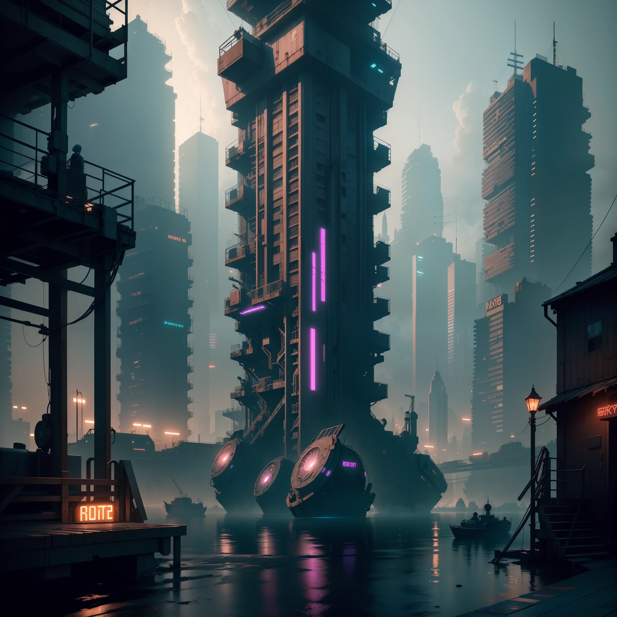 extremely detailed CG unity 8k wallpaper, masterpiece, best quality, long shot, cyberpunk, port, harbor ghostly setting, mist, volumetric light, neon lights, animatronic figures, ruined structures, grunge textures, harbor, port