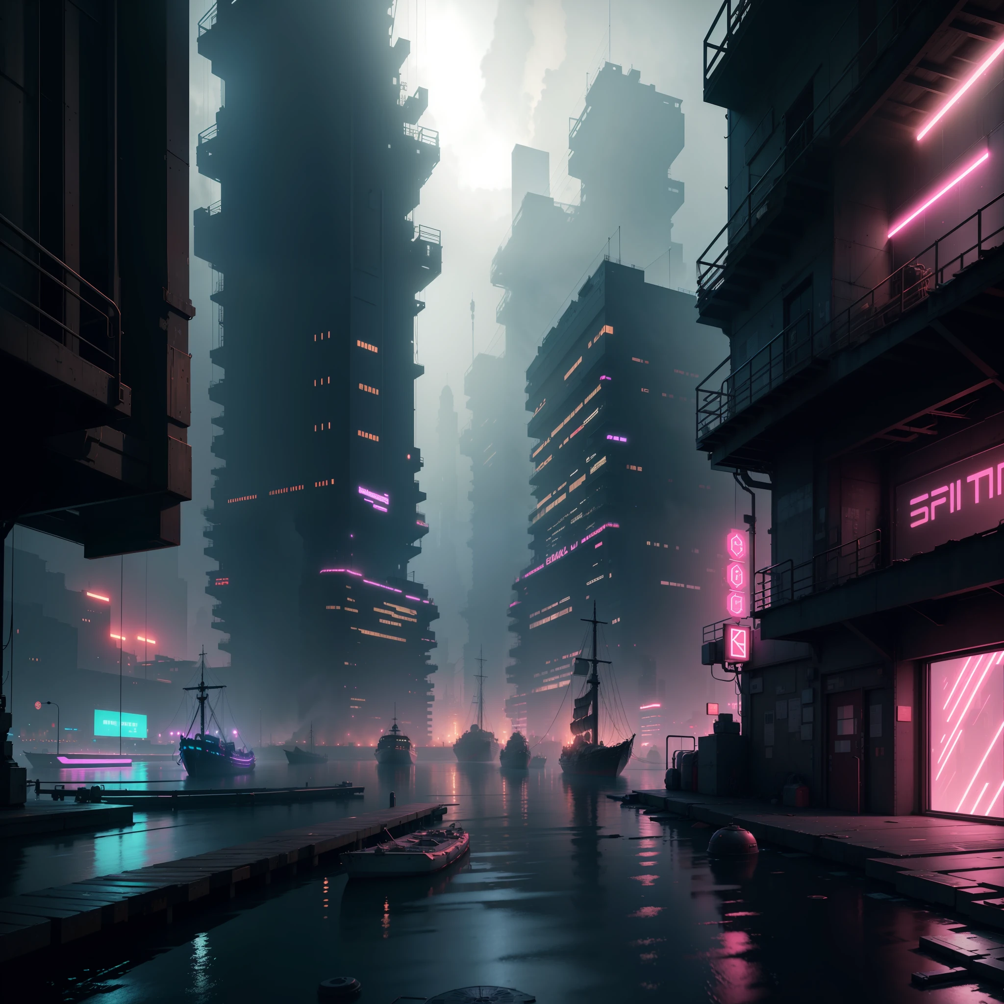 extremely detailed CG unity 8k wallpaper, masterpiece, best quality, long shot, cyberpunk, port, harbor ghostly setting, mist, volumetric light, neon lights, animatronic figures, ruined structures, grunge textures, harbor, port