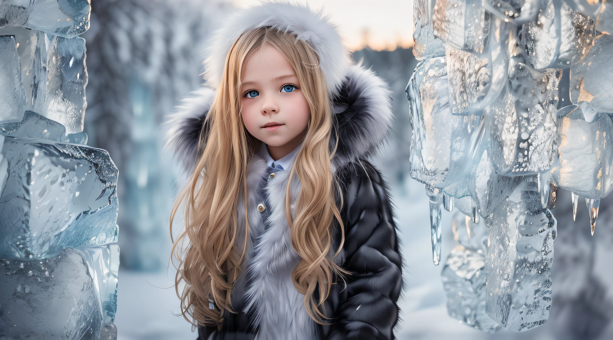 10 year old girl Russian child with long hair BLONDE, PORTRAIT, BLACK FUR COAT, ICE, ICE, LOTS OF ICE,