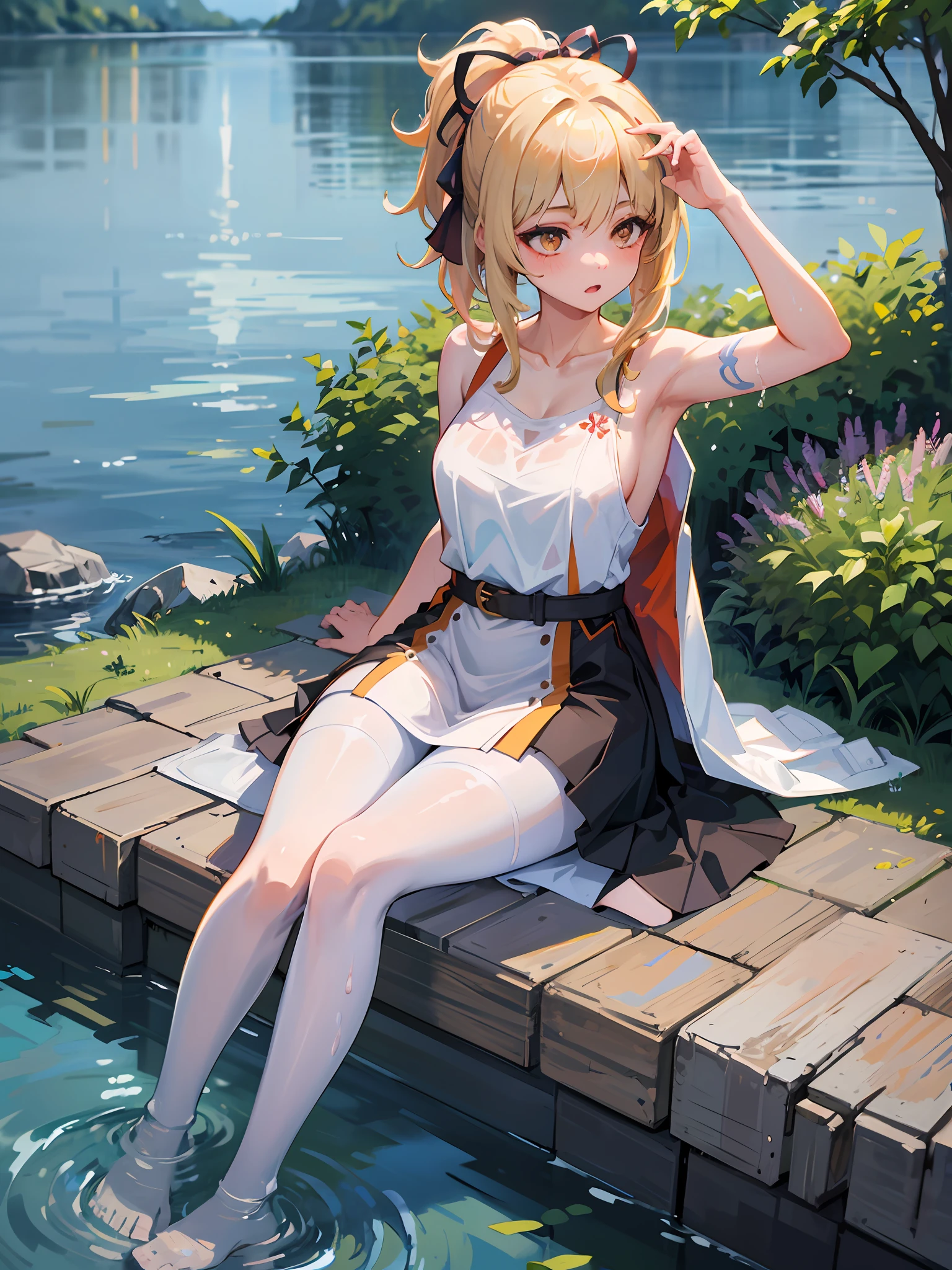 ((Best Quality, 8K, Masterpiece: 1.3)), {{Masterpiece}}, Illustration, Best Quality, Very Detailed CG Unity 8k wallpaper, 1girl_solo, full_body, from_top, looking_at_viewer, looking_up, (White Pantyhose: 1.3),Golden hair,ponytail, ( Dress: 1.3), hair_ribbon, Strong Edge Light, Lake, Flowers, Rain, clothes splash, (wet clothes: 1.5), 16 years old, good figure, sexy and charming woman, sitting, collarbone, slip sleeveless dress, Sleeveless, The arms are unobstructed,