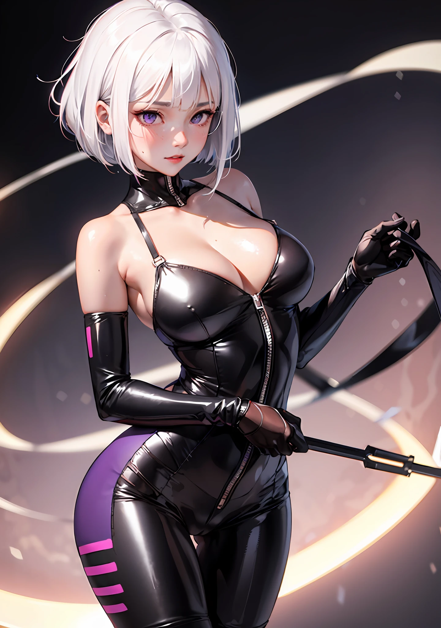 1girl, white hair, purple eyes, bob cut, wavy hair, average breasts, blush, glow, thighs, bare shoulders, collarbone, narrow waist, cleavage, (masterpiece), ahegao, gantz, black bodysuit, tight bodysuit, cameltoe,