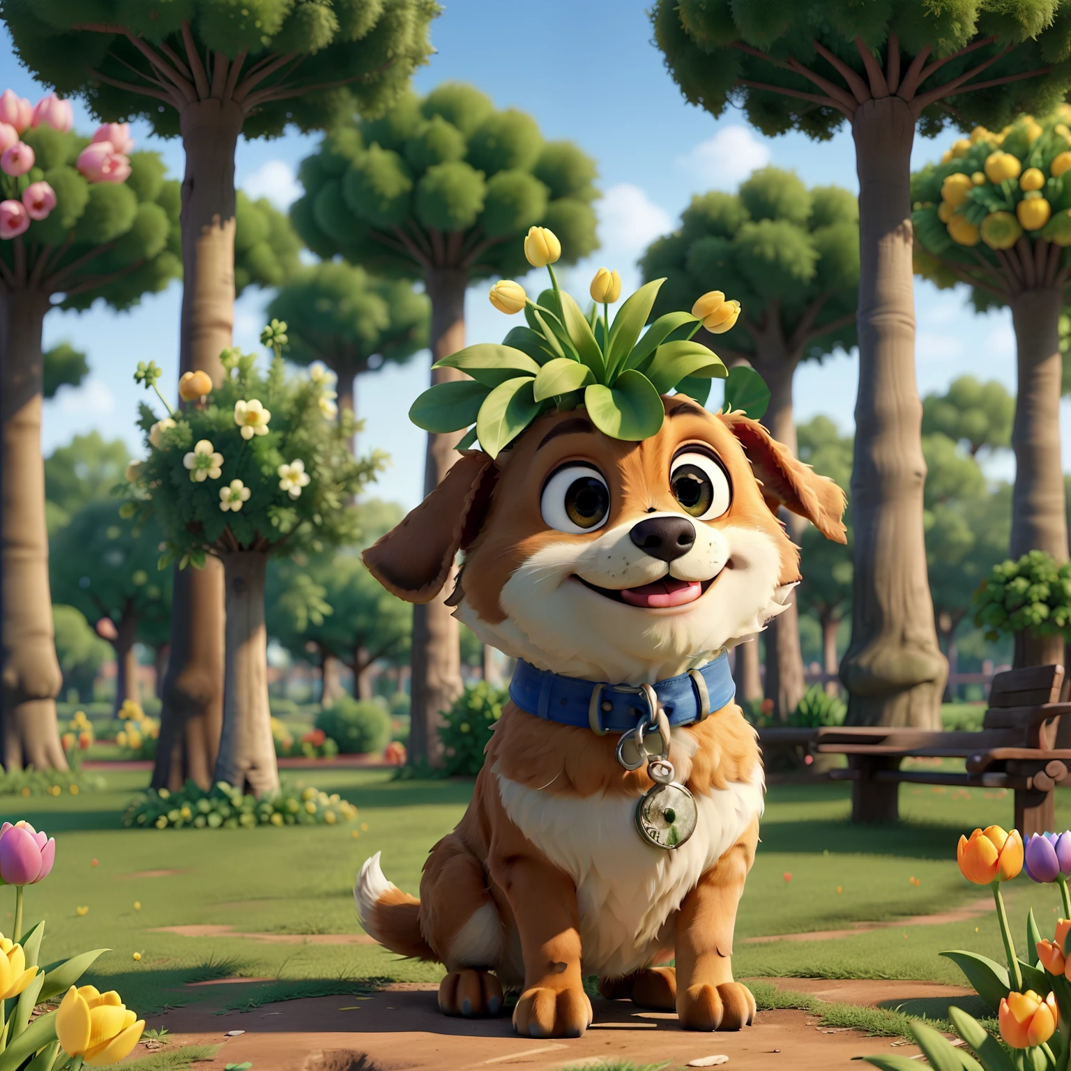 (Cute puppy:1.2), ssmile, Bushy smooth coat、personification, Mushroom cap on the head, rendered:(charicature:1.3,Production Movie, the pose:(Lively:1.2, amusing), modeled:(ultra-quality:1.2,8K,Orthographic view),tulips, blue-sky, for the background(A park full of greenery:1.1),｛Complex and ultra-detailed, Giuseppe Arcimboldo｝