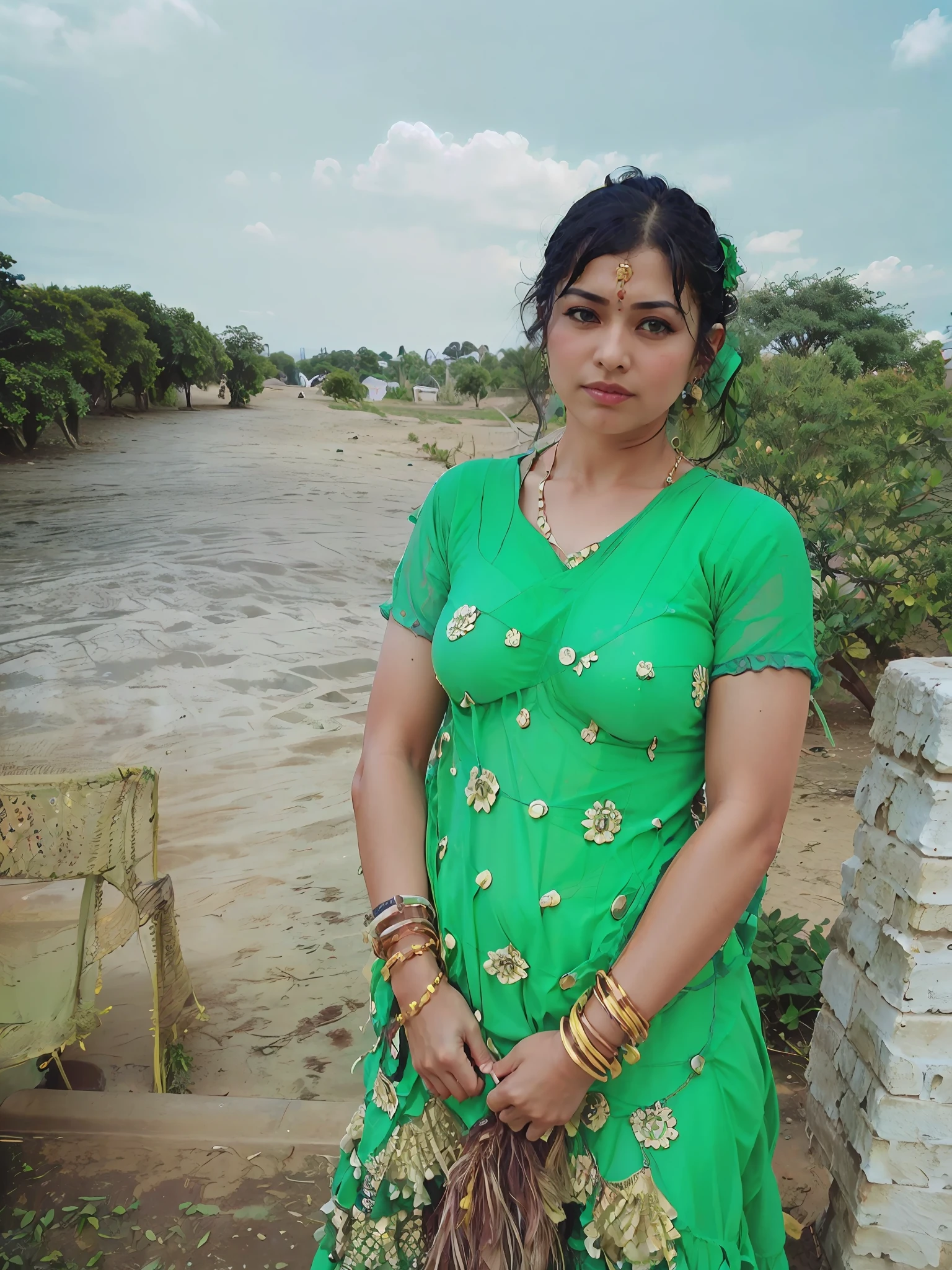 a woman is posing for a photo,(wearing indian_dance_dress:1.3), green dress, 
good hand,4k, high-res, masterpiece, best quality, head:1.3,((Hasselblad photography)), finely detailed skin, sharp focus, (cinematic lighting), collarbone, night, soft lighting, dynamic angle, [:(detailed face:1.2):0.2],(((exhibition inside theater))),change clothes