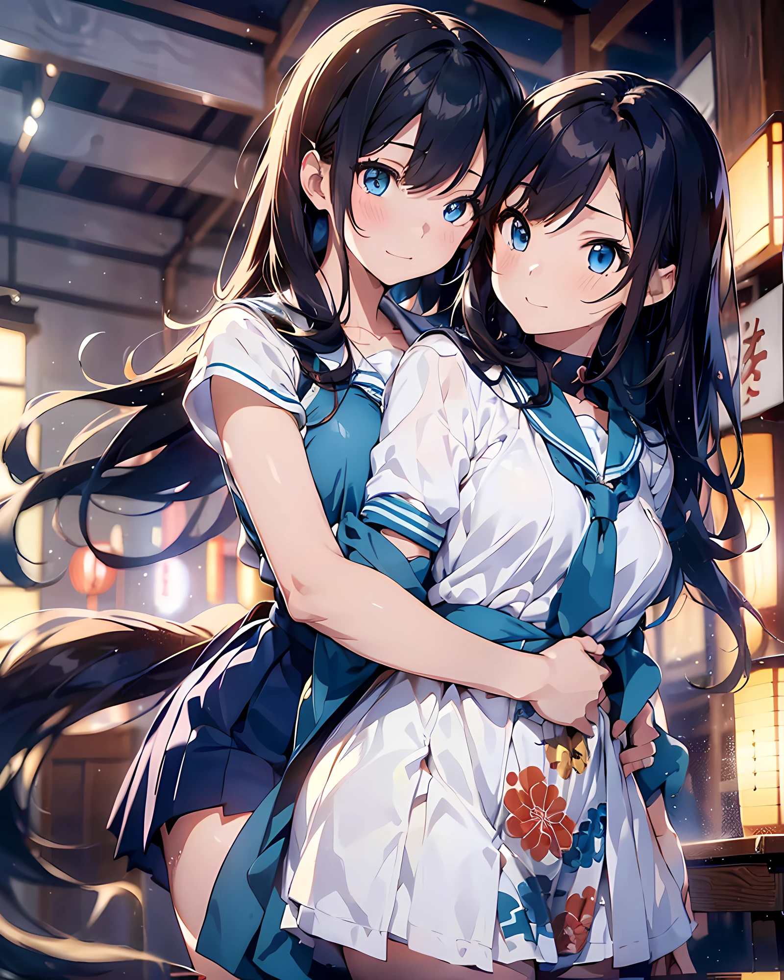 Illustration of two high school girls hugging each other、Backhug illustration、A tall girl、Composition of hugging a short girl from behind、 anime style illustration, hight resolution, ultra-detailliert, (1girl in:1.3), (Dynamic Pose):1.0 Breaks, (((Upper body image:1.37)), ((Detailed blue eyes:1.3)), (bokeh effects), (Dynamic Angle), One very beautiful and attractive anime wife in a gorgeous competitive dance hall, (Japan High School Girl Uniform:1.37), BREAK, She has a wavy twin-tailed hairstyle with brown hair, medium breasts⁩, slender, lightsmile, Happy, Wind, 8 life-size, detailed  clothes, Detailed body, detailed arms, Human Hands, Detailed hand, Perfect nose, blush, lightsmile, Pinclip Gloss, Look at viewers, Facing the viewer, sexy model posing, Floating hair, BREAK, Studio Soft Light, Cinematic Light, Gorgeous dancehall background:1.3, Detailed background, Realistic, Ultra-realistic, masutepiece, 32K ultra-clear images, Japanese anime waifu, Concept art by Kyoto Animation, By Shinkai Makoto,