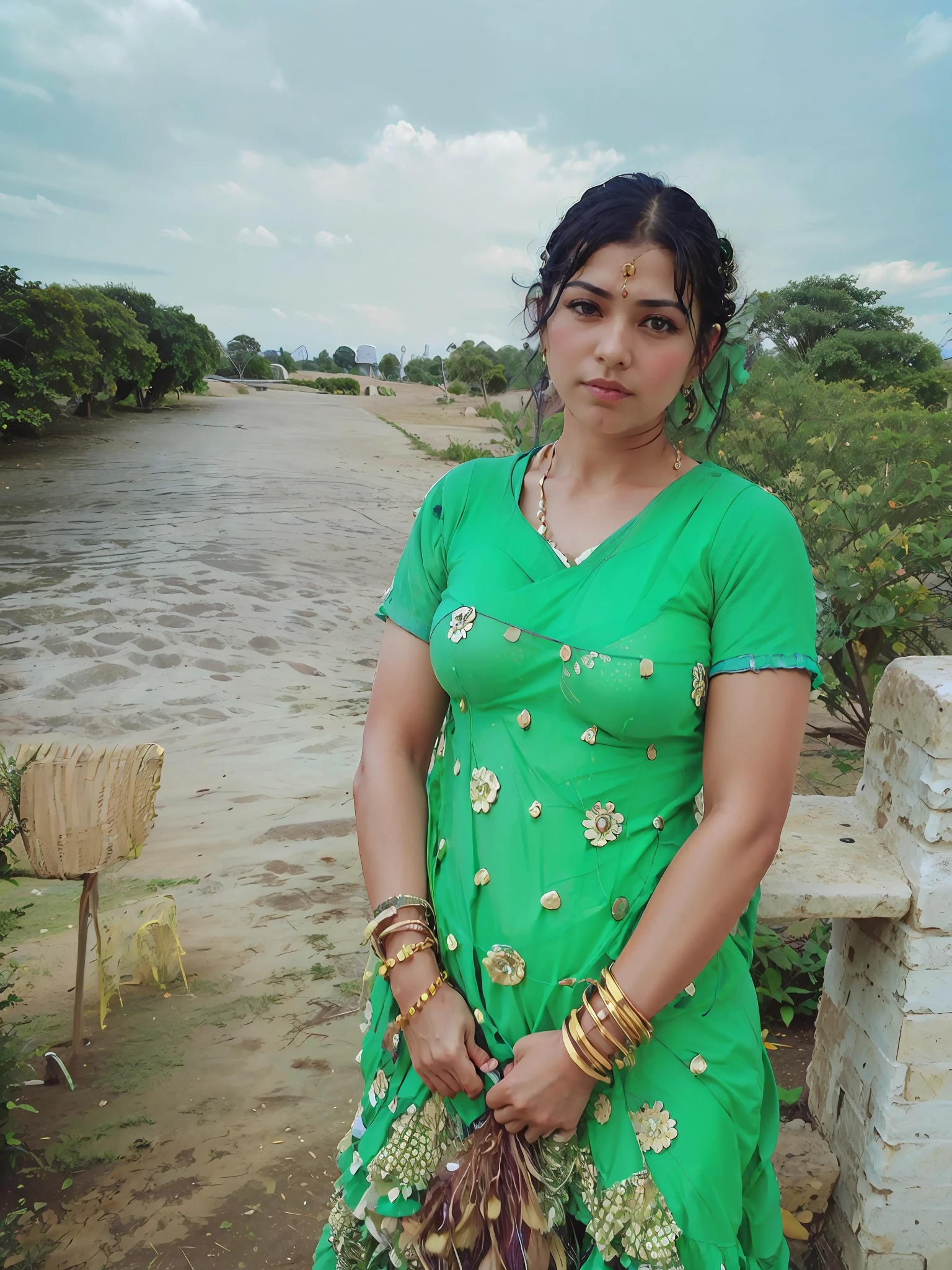 a woman is posing for a photo,(wearing indian_dance_dress:1.3), green dress, 
good hand,4k, high-res, masterpiece, best quality, head:1.3,((Hasselblad photography)), finely detailed skin, sharp focus, (cinematic lighting), collarbone, night, soft lighting, dynamic angle, [:(detailed face:1.2):0.2],(((exhibition inside theater))),change clothes