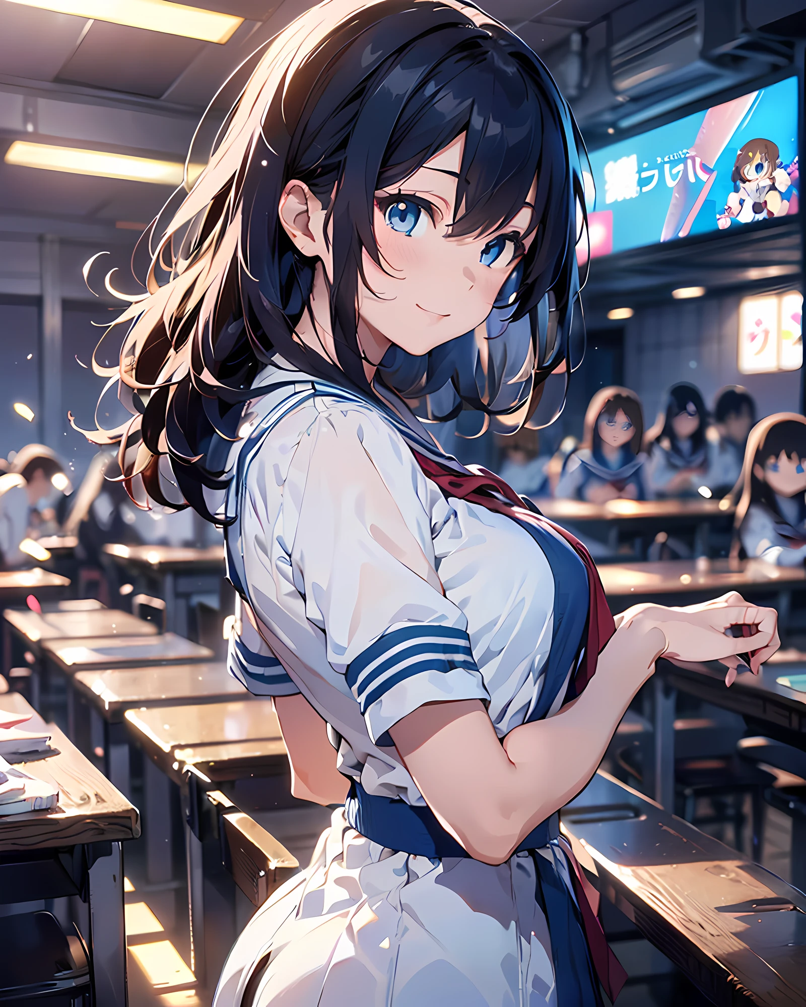 Illustration of two high school girls hugging each other、Backhug illustration、A tall girl、Composition of hugging a short girl from behind、 anime style illustration, hight resolution, ultra-detailliert, (1girl in:1.3), (Dynamic Pose):1.0 Breaks, (((Upper body image:1.37)), ((Detailed blue eyes:1.3)), (bokeh effects), (Dynamic Angle), One very beautiful and attractive anime wife in a gorgeous competitive dance hall, (Japan High School Girl Uniform:1.37), BREAK, She has a wavy twin-tailed hairstyle with brown hair, medium breasts, slender, lightsmile, Happy, Wind, 8 life-size, detailed clothes, Detailed body, detailed arms, Human Hands, Detailed hand, Perfect nose, blush, lightsmile, Pinclip Gloss, Look at viewers, Facing the viewer, sexy model posing, Floating hair, BREAK, Studio Soft Light, Cinematic Light, Gorgeous dancehall background:1.3, Detailed background, Realistic, Ultra-realistic, masutepiece, 32K ultra-clear images, Japanese anime waifu, Concept art by Kyoto Animation, By Shinkai Makoto,