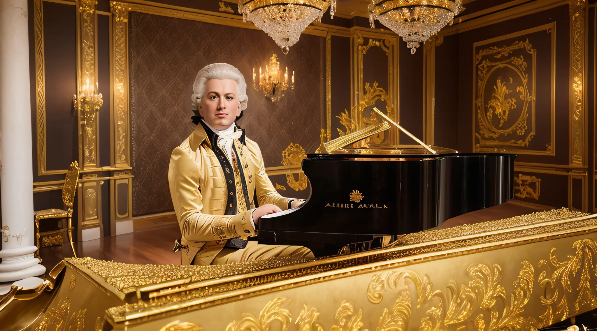 a Realistic detailed photo of a amadeus man, (playing a piano), Detailed face, (perfect eyes), (highly detailed skin:1.1), slim body, wearing black and gold 1775 clothing, (detailed textures), modelshoot, Professional Photography, Soft lighting, PHOTOREALISTIC, Realistic, in a luxurious Palace room background, blurred background, , RAW, analog, sharp focus, 8k, high resolution, DSLR, high quality, Fujifilm XT3, film grain, award winning