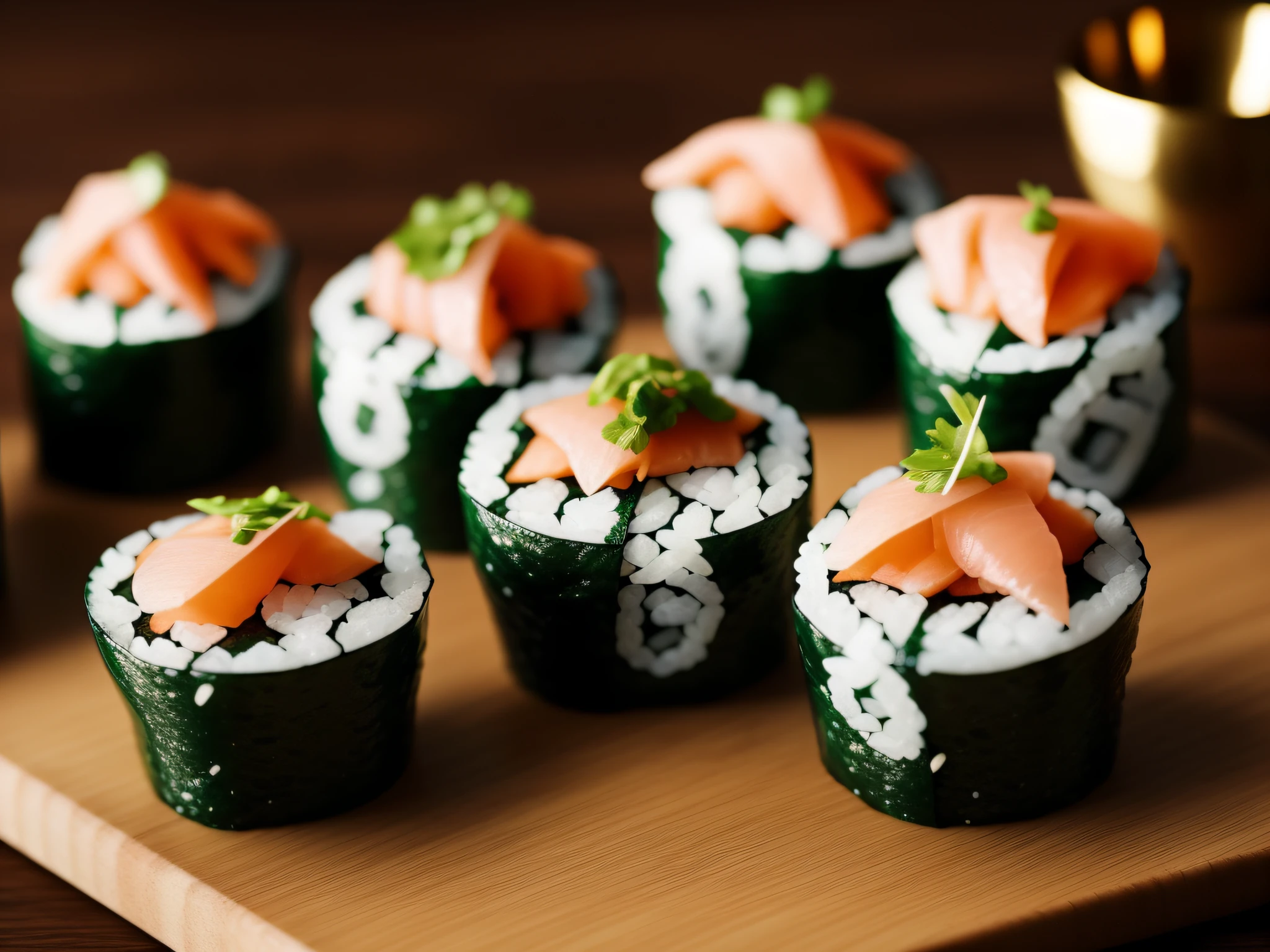 20 piezas Sushi en primer plano. Alta calidad, ultra detalles, hyperrealista con copa de vino en bokeh
