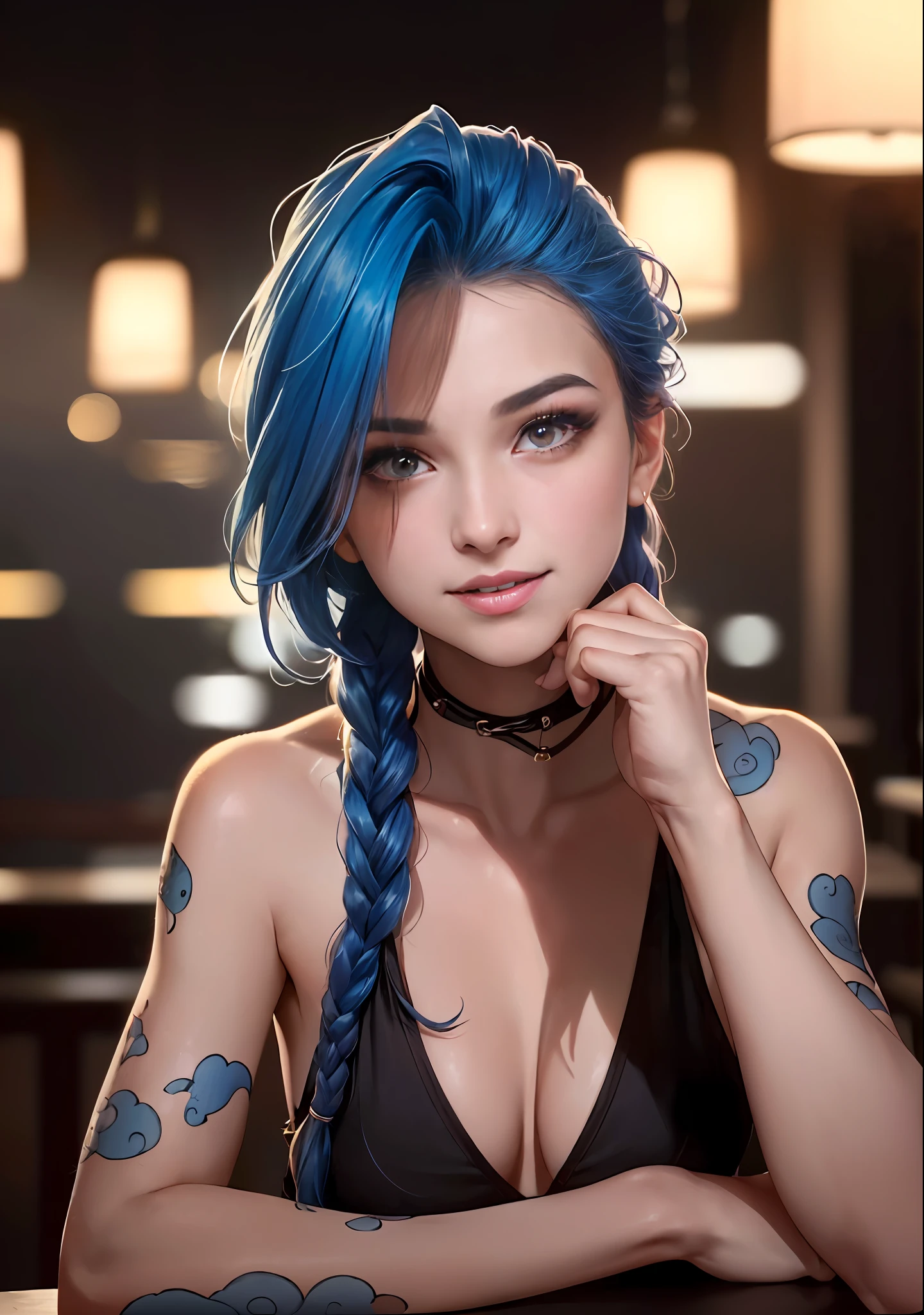 style, model shooting style, RAW (close portrait: 1.4) of (JinxLol: 1.1), centered face, 1girl, (bright pink eyes: 1.7, blue hair), (shiny body), ((hands off camera: 1.5)), looking at the viewer, ((evil: 1.3, tilt head: 1.3, night: 1.3, scared: 1.3, horrified: 1.3, constricted pupils: 1.7, crazy smile: 1.6)), medium breasts, arm tattoo, stomach tattoo, ((blood on face: 1.4)), Best quality, epic (by Lee Jeffries Photo, Sony A7, 50mm, pores: 1.5, colors, hyperdetailed: 1.5, film grain: 1.4, hyperrealistic: 1.5), hyper-realistic texture, masterpiece, unreal engine 5, extremely detailed 8k CG wallpaper, realistic eyes, crazy detailed photo, (ecstasy of lights and shadows, deep shadow), (Winner of the Pulitzer Prize for Photography and Taylor Wessing Photographic Award)