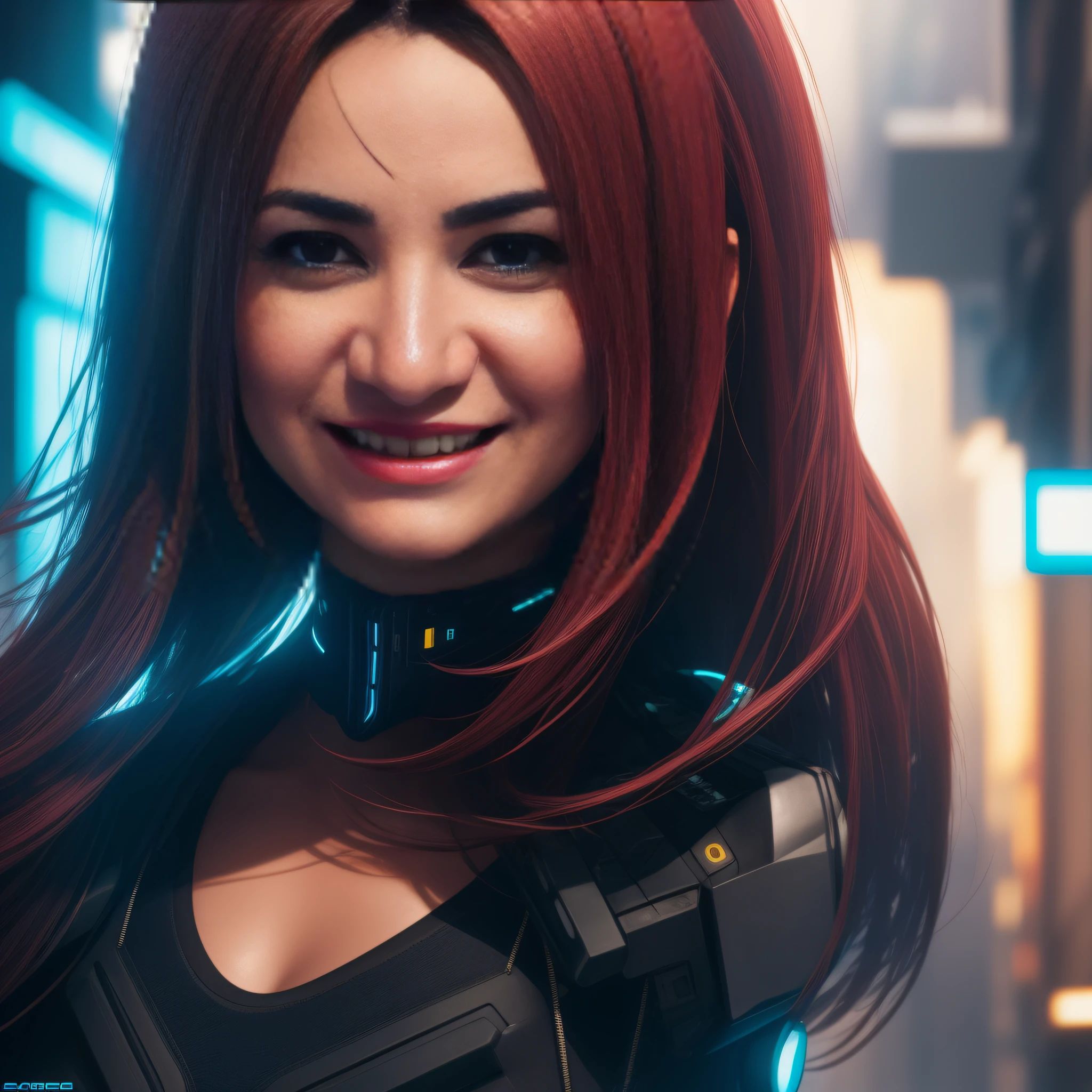 mulher sorridente de cabelos compridos, Facing the camera squarely, cinematico, 8k, UHD, cyberpunk, ultrarealista, Arte Digital 4K