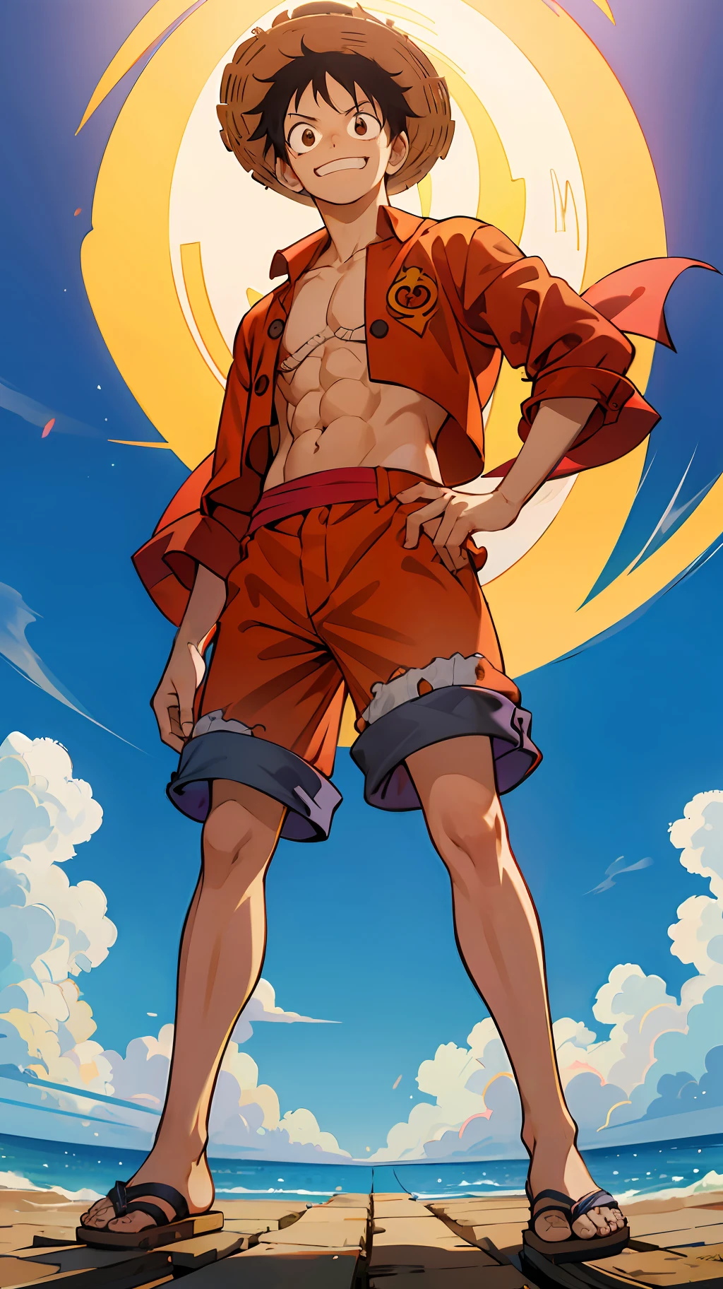 (master part), best quality, ultra-detalhado, extremamente detalhado CG unidade 8k papel de parede, best illustration, um extremamente delicado e bonito, Dynamic angle, dynamic pose,(1 pessoa),(Macaco D. Luffy:1.2),straw hat,camisa vermelha, blue shorts, cicatriz na testa, sandals,smiling expression, efeitos do vento, Standing position, Homem, jovem, menino, garotO, 1st , standing on her feet, Stand Position, retrato, extremamente detalhado, cold lighting, dia chuvoso, dia nublado