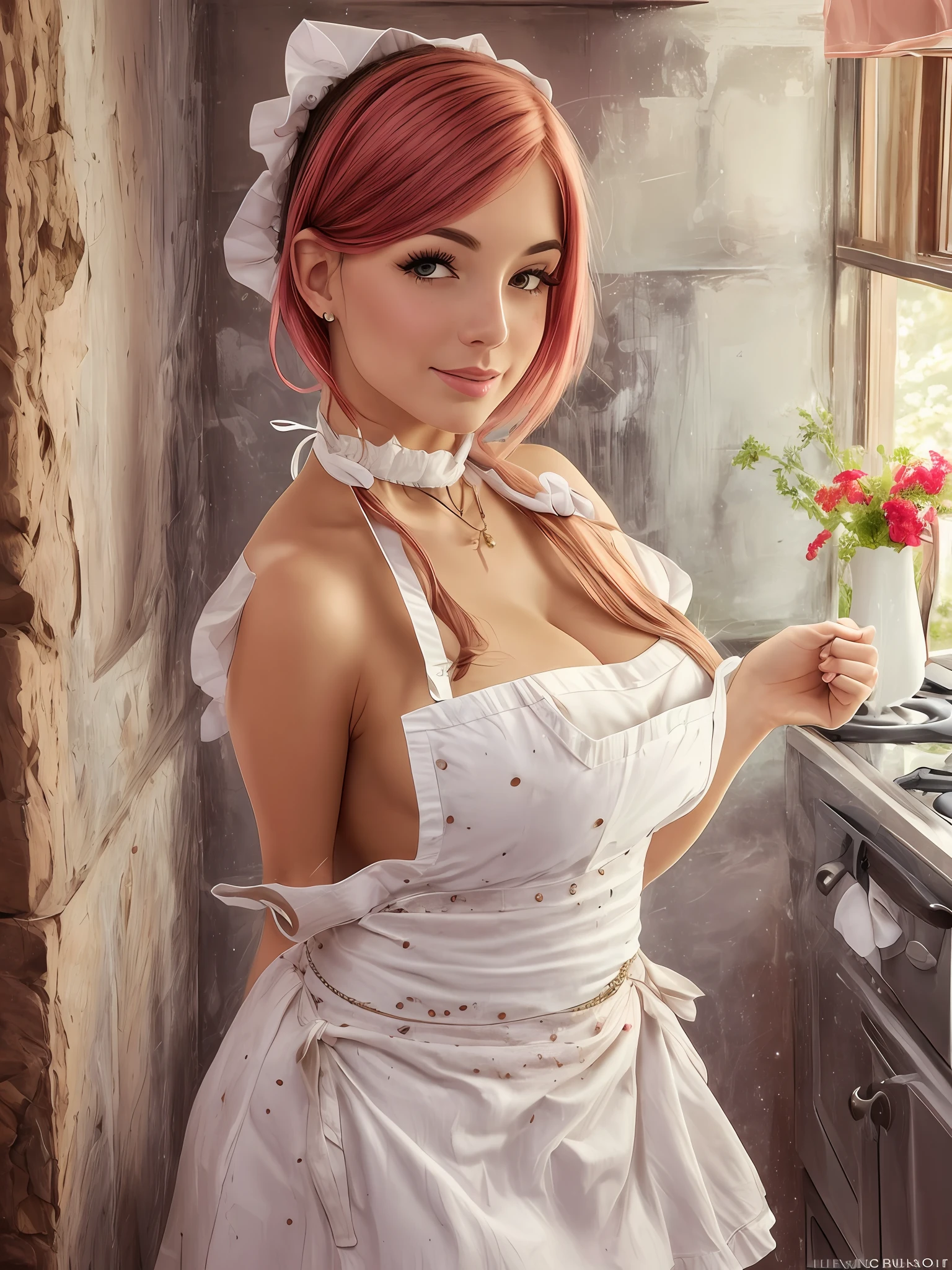 a closeup portrait of a playful maid, undercut hair, apron, amazing body, pronounced feminine feature, busty, kitchen, [ash blonde | ginger | pink hair], freckles, flirting with camera