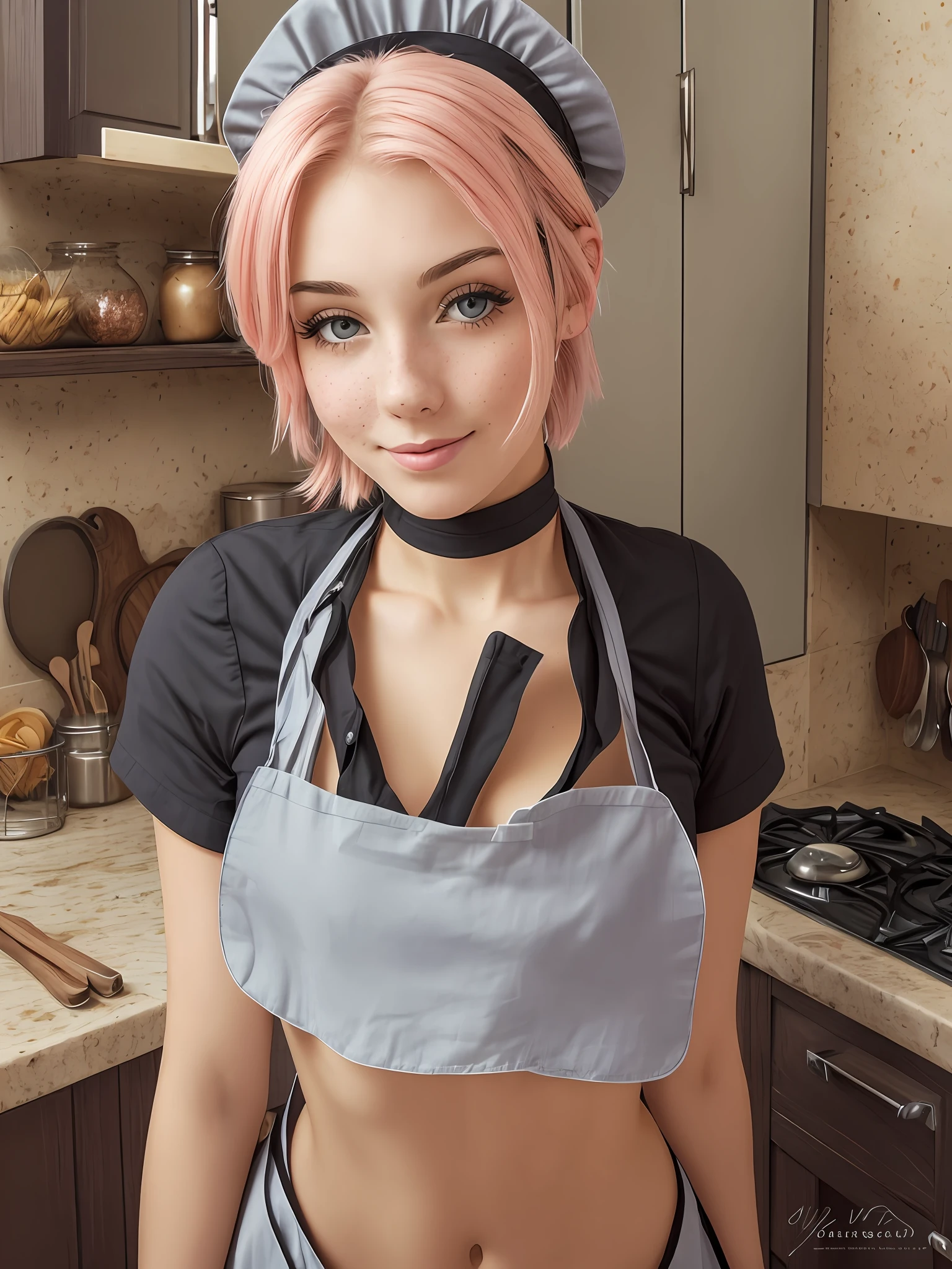 a closeup portrait of a playful maid, undercut hair, apron, amazing body, pronounced feminine feature, busty, kitchen, [ash blonde | ginger | pink hair], freckles, flirting with camera