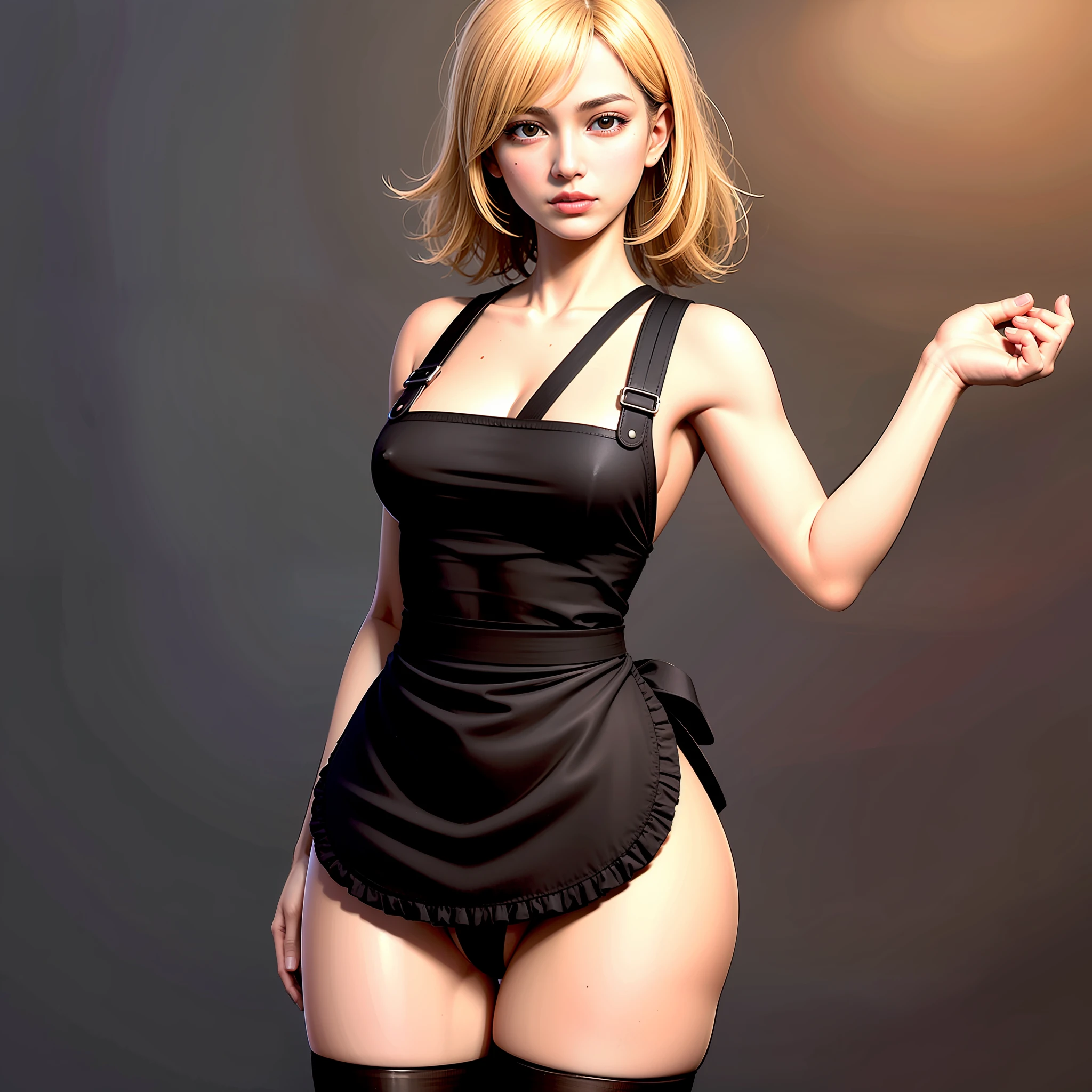 (hyperrealistic), (illustration), (high resolution), (8K), (extremely detailed), (best illustration), (beautiful detailed eyes), (best quality), (super detailed), (masterpiece), (wallpaper), (detailed face), solo, (dynamic pose), 1 girl, white wavy hair in the kitchen, korean, heterochromic eyes, small moles under the eyes, ((apron)), ???????????, long legs, tightens abs, (camel toes), (black stockings), (no panties), (??????) --auto