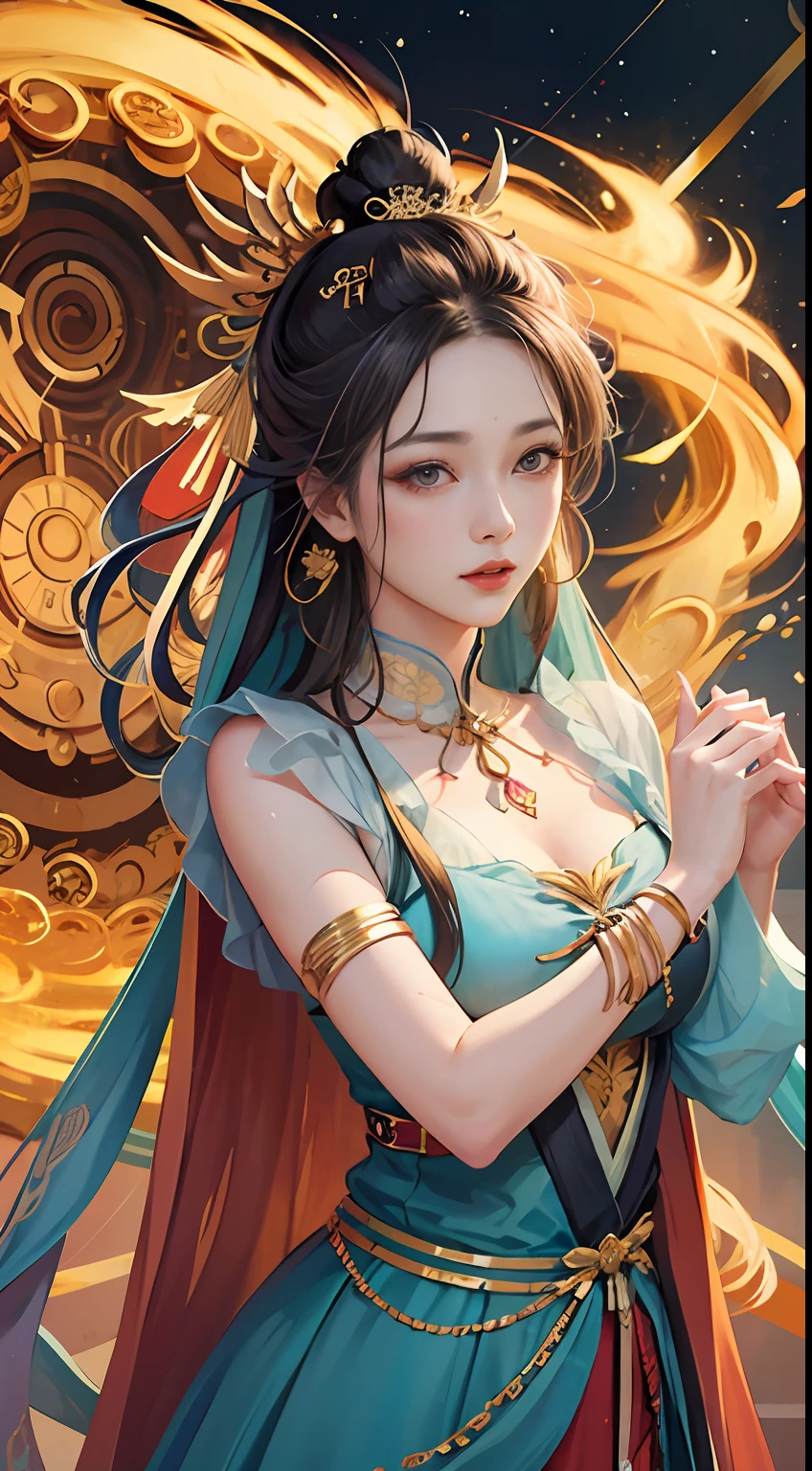 1 girl winks,Dunhuang costumes,Dunhuang style,Best Picture Quality,realisticlying,Award-winning illustrations,(1.2x the fine detail),(exquisite detailing),(1.5x more realistic),Clear lines,fashionable girl,Sharp focus,Realistic face,Detailed face,offcial art,Unity 8k Wallpapers,超高分辨率,Dancing portrait,Movie light backlight,Realistic details,Rich and detailed descriptions。