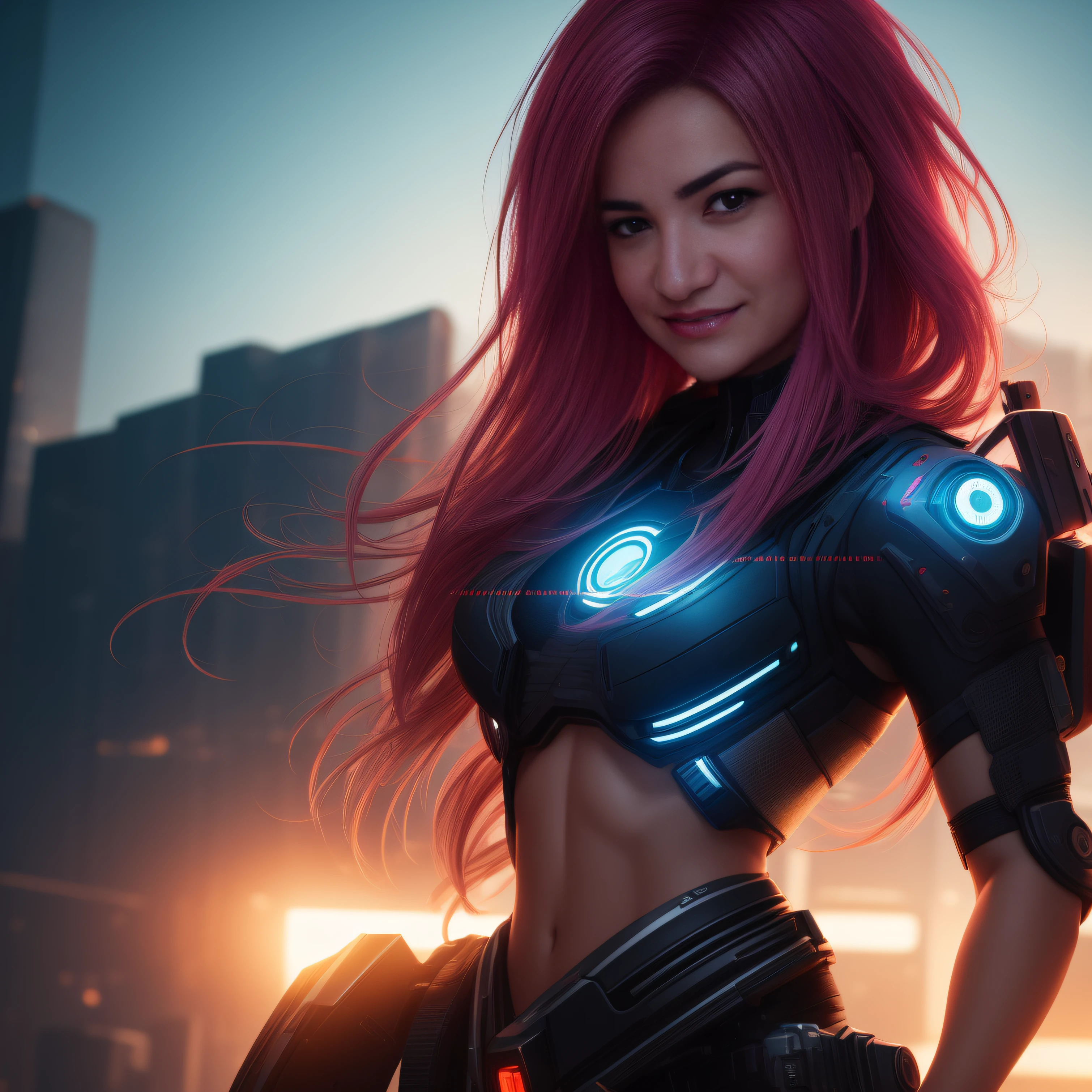 mulher sorridente de cabelos compridos, Facing the camera squarely, cinematico, 8k, UHD, cyberpunk, ultrarealista, Arte Digital 4K