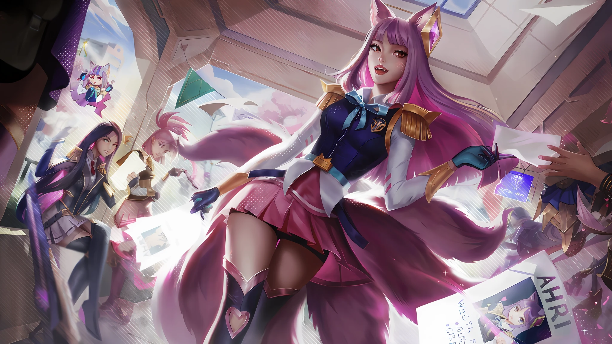 Anime characters are standing in a room with a large screen, Ahri, Retrato de Ahri, Serafim Ahri KDA, Ahri, de League of Legends, Artgerm extremamente detalhado, KDA, raposa nobushi, estilo artgerm, Artgerm Plano, Arte do personagem de League of Legends, de League of Legends, Arte estilo League of Legends